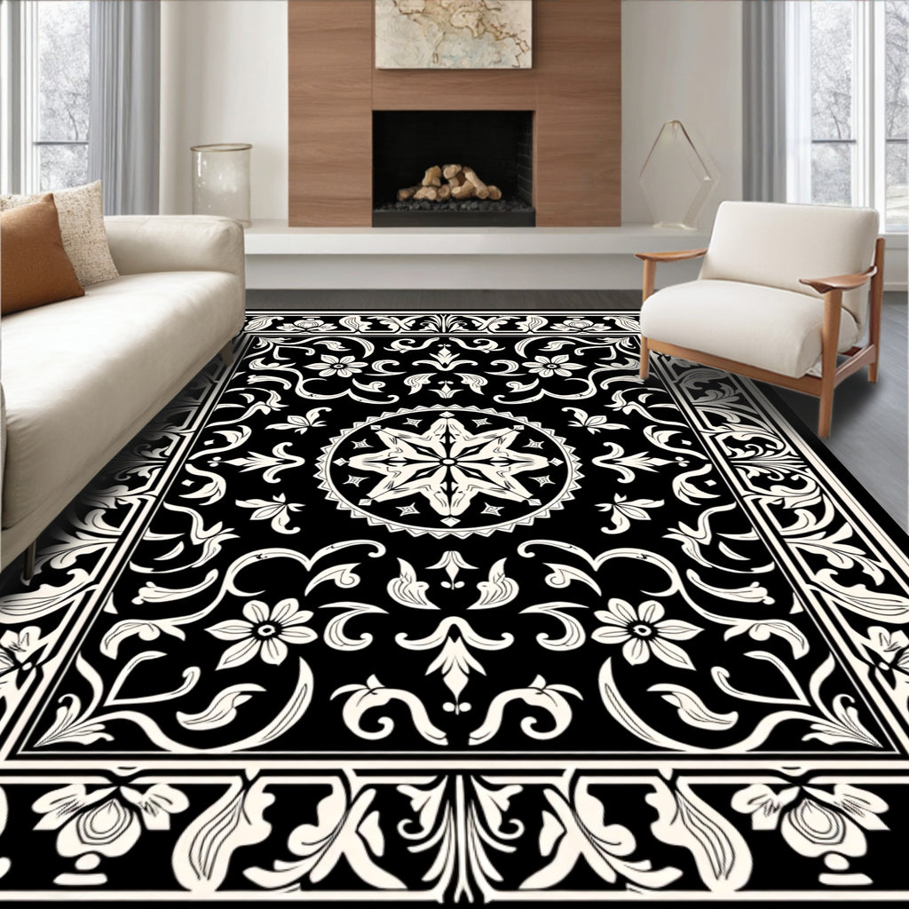 Black Ivory Ornate Floral Medallion Rug
