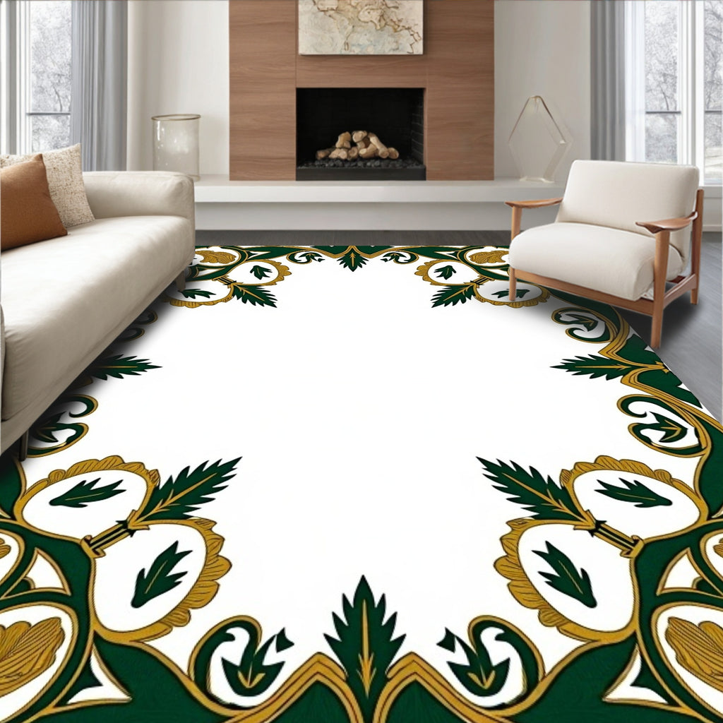 Antique Green and Gold Leaf Frame Rug