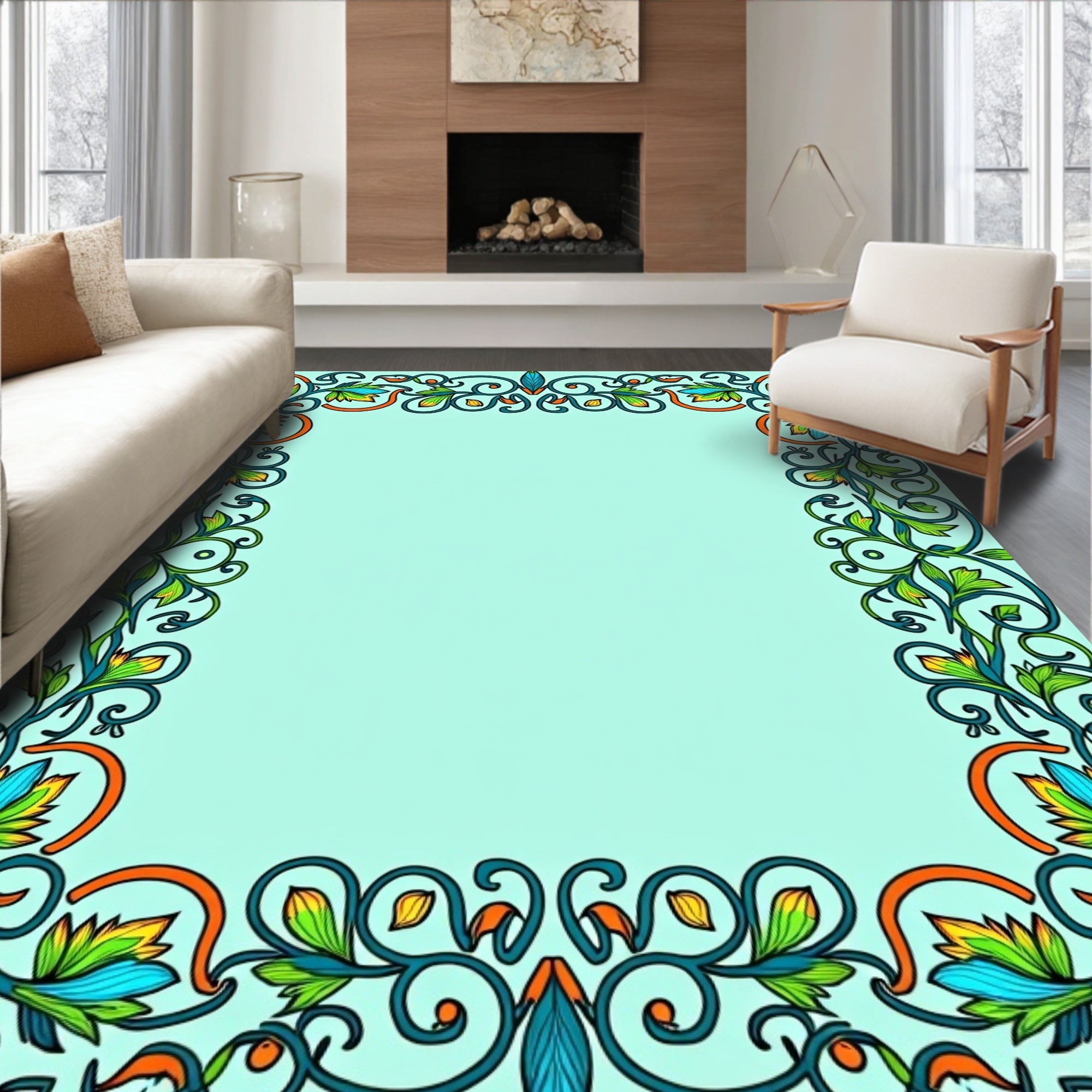 Emerald Green Floral Scroll Frame Rug