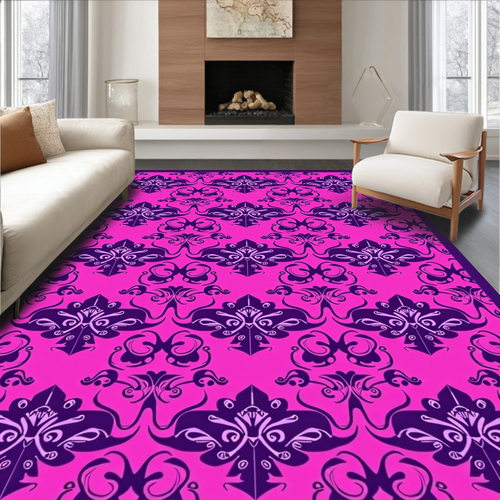 Vibrant Pink Plum Damask Swirl Rug