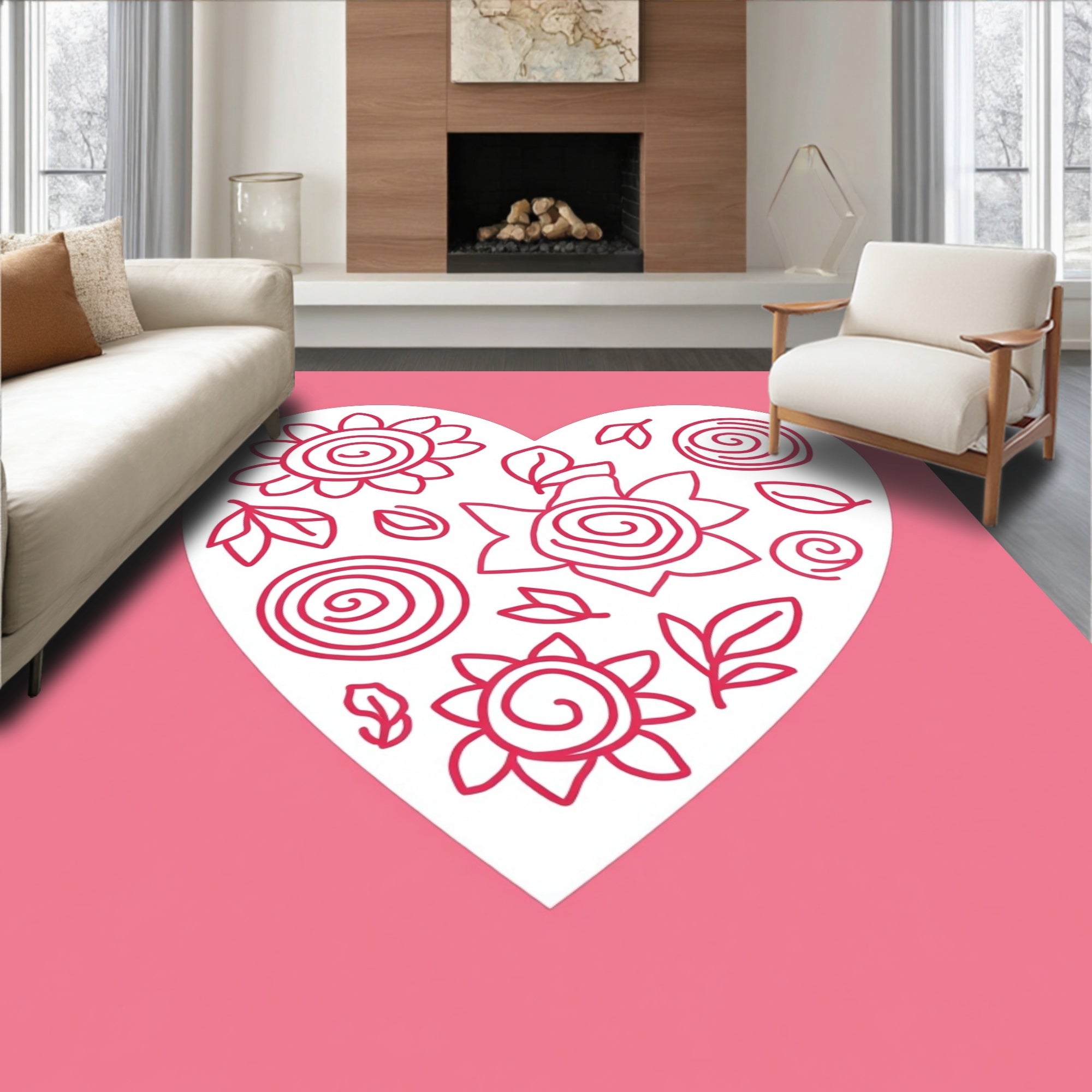 Pink Heart Floral Whimsical Art Rug