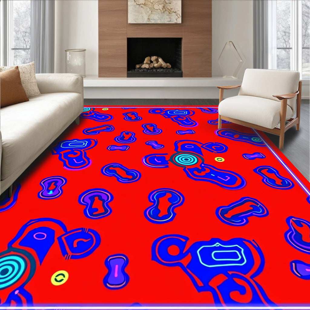 Vibrant Red Blue Abstract Organic Shapes Rug