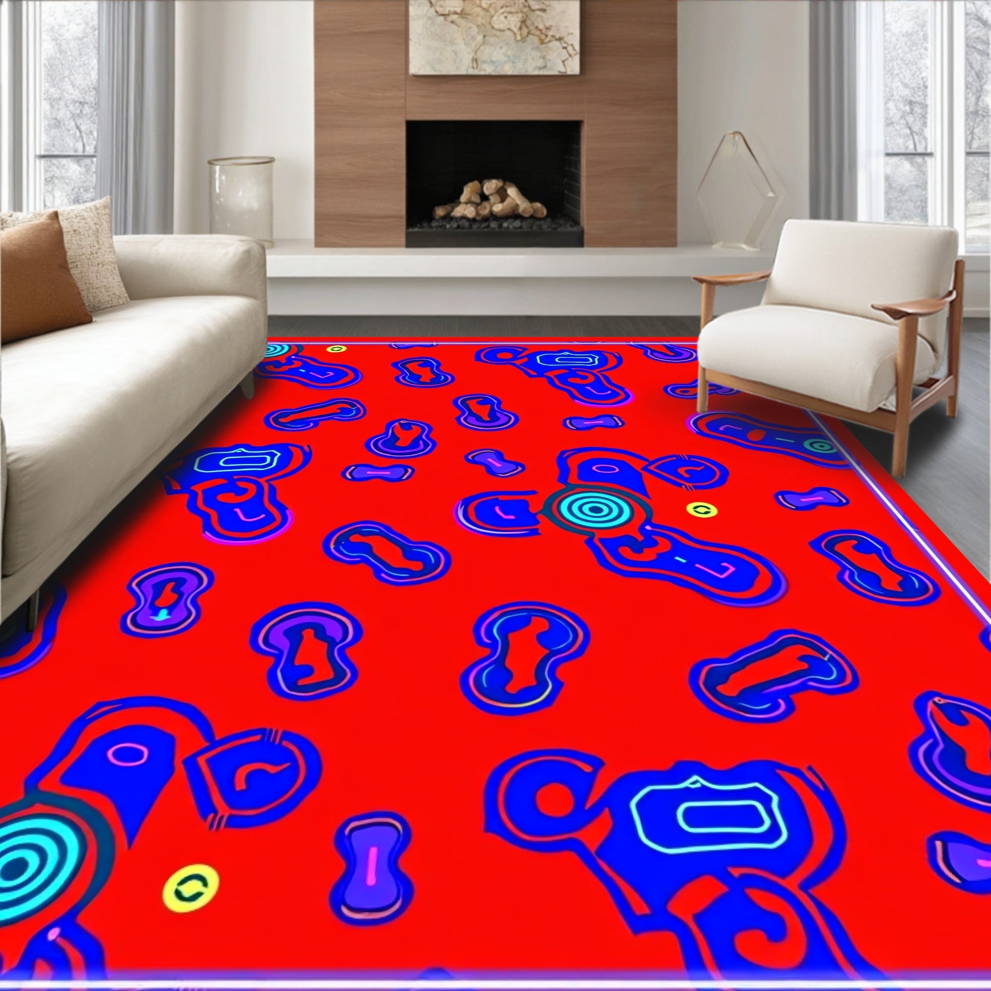 Vibrant Red Blue Abstract Organic Shapes Rug