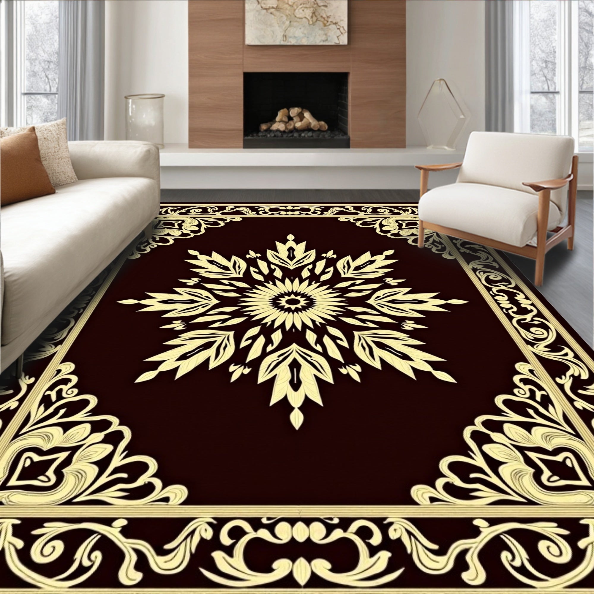 Golden Floral Medallion Border Rug
