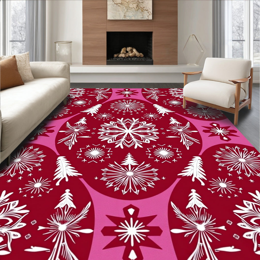 Crimson White Snowflake Evergreen Medallion Rug