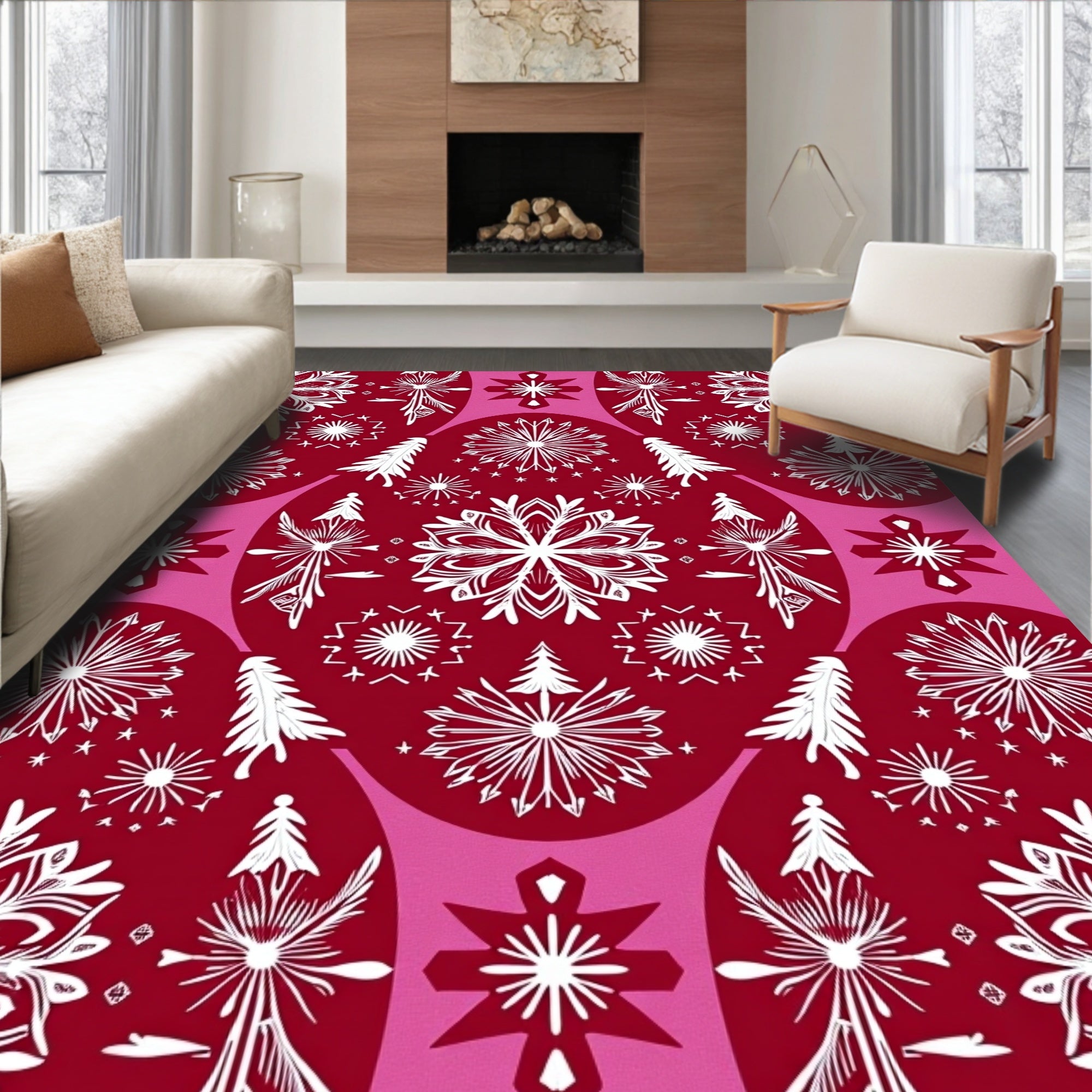 Crimson White Snowflake Evergreen Medallion Rug