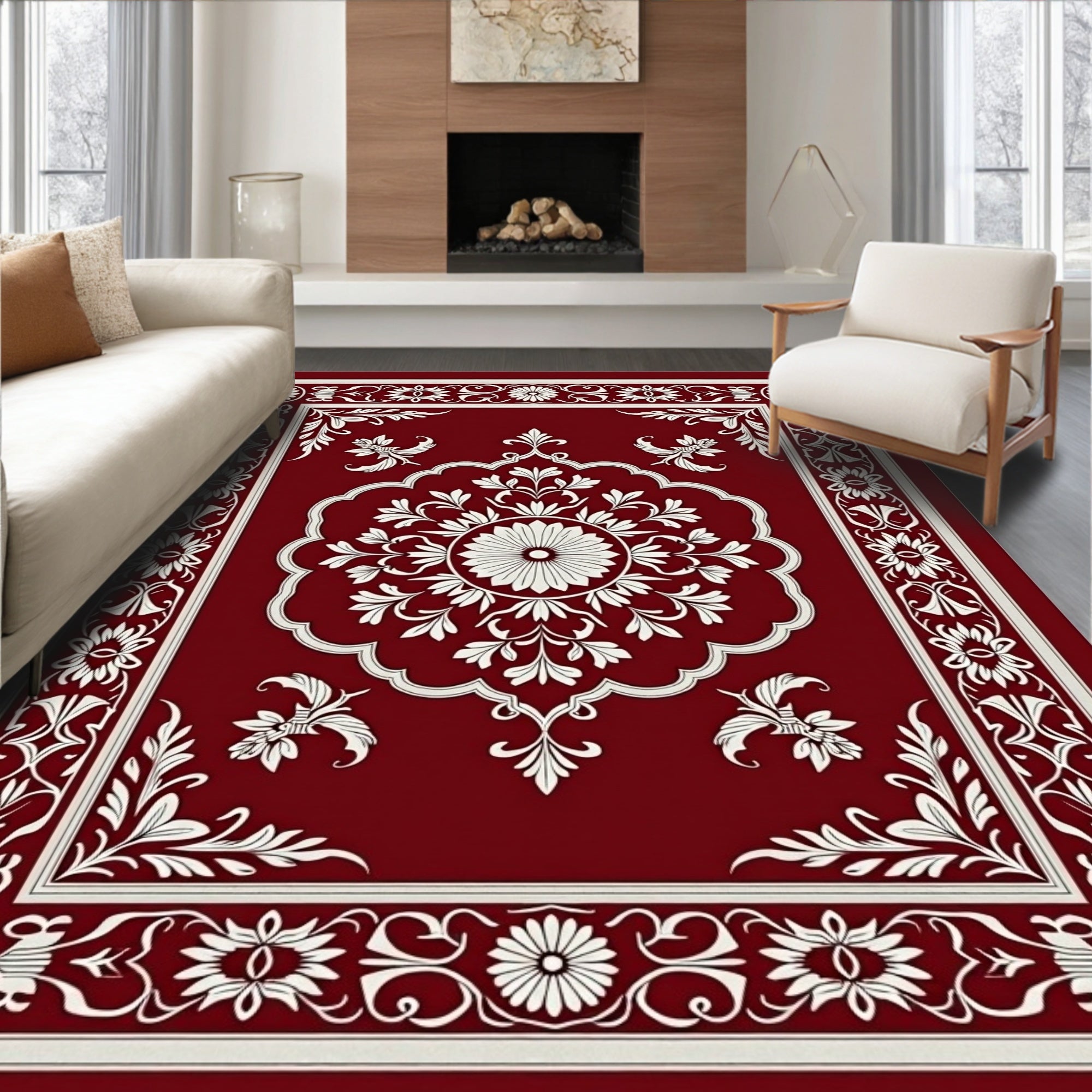 Ornate White Bloom Crimson Border Rug
