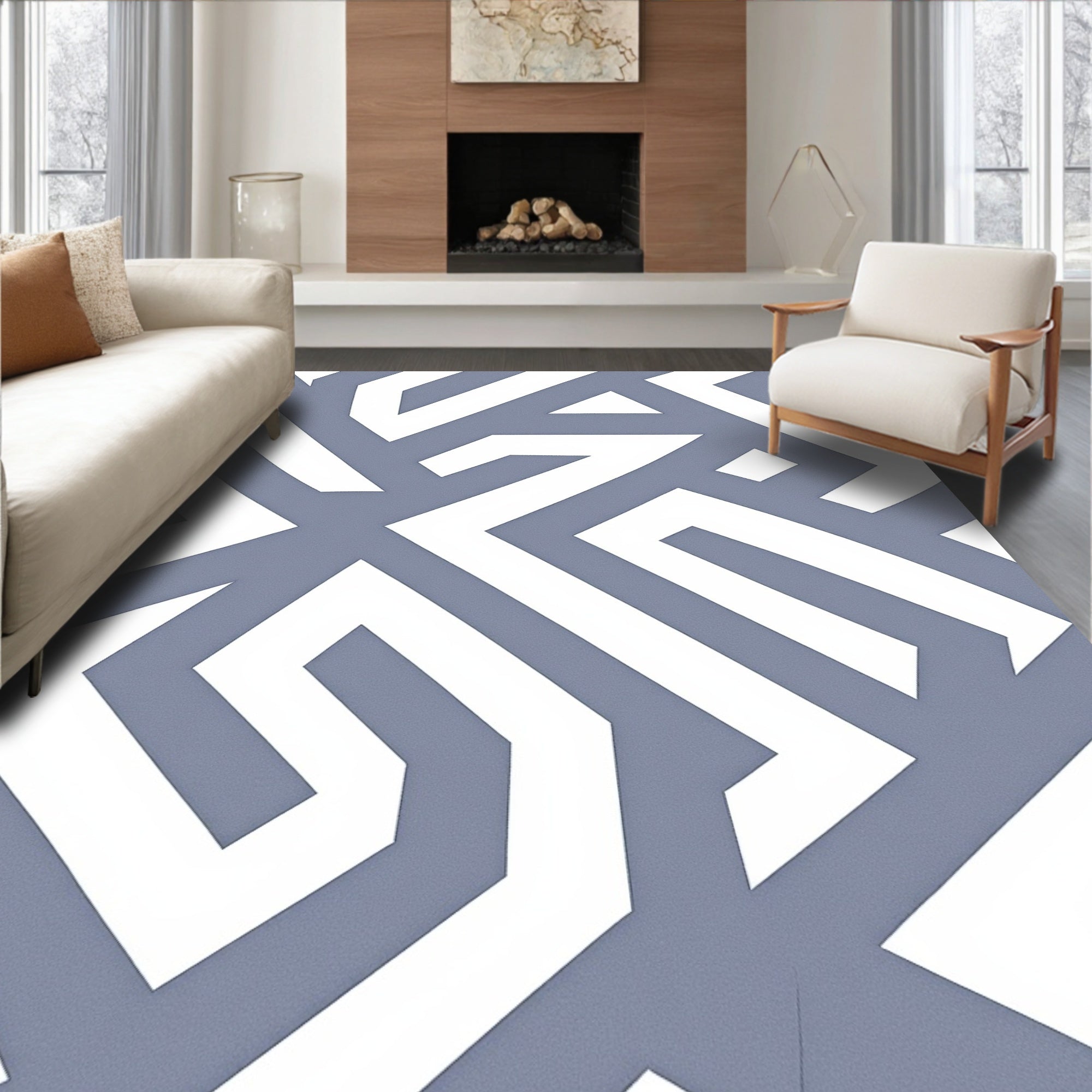 Slate Blue White Geometric Maze Rug