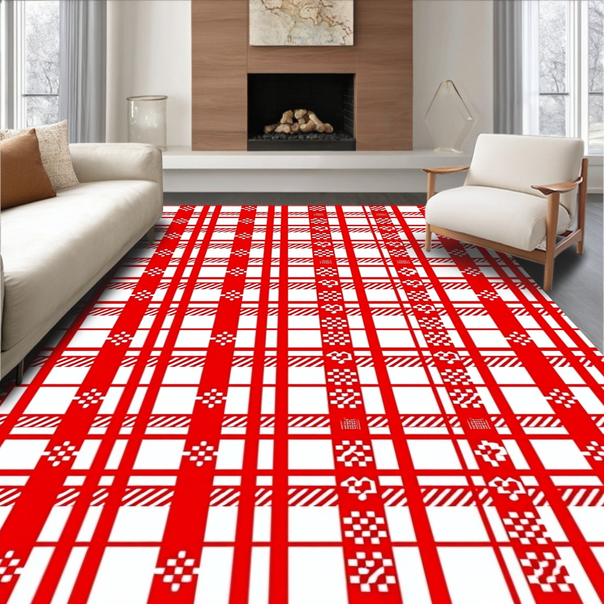 Classic Red White Gingham Plaid Rug