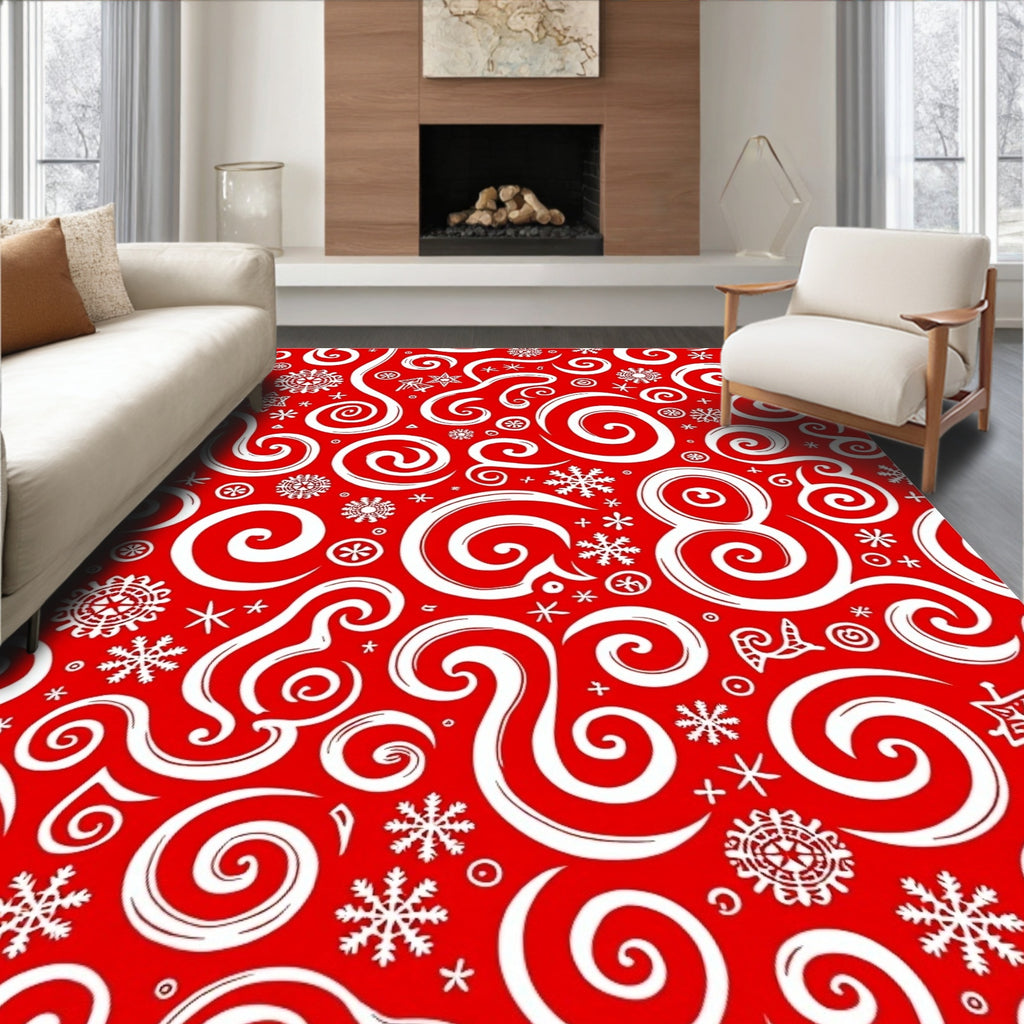Red White Snowflakes Swirls Rug