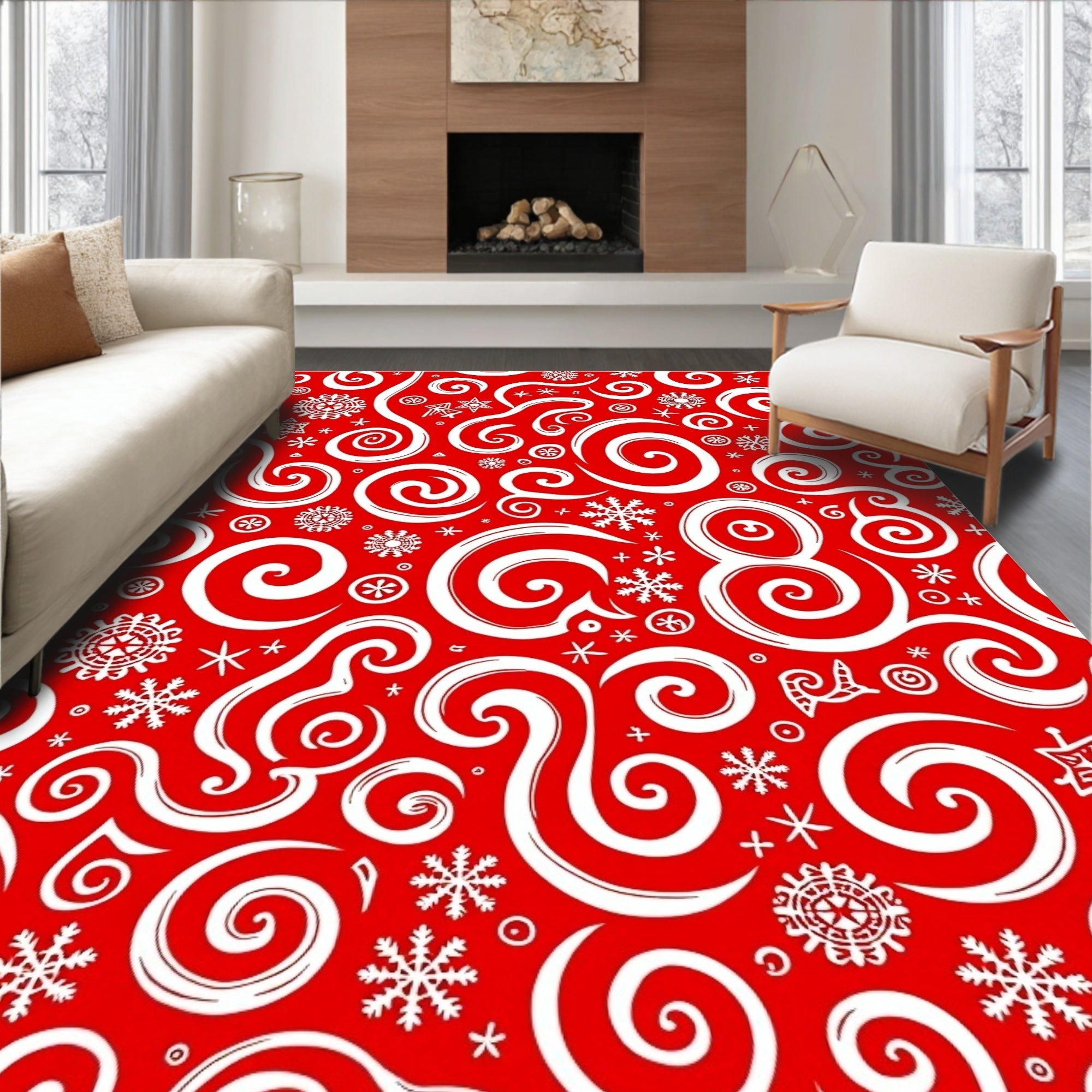 Red White Snowflakes Swirls Rug