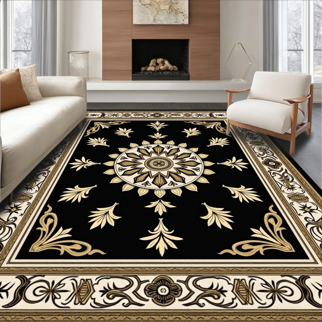 Black Gold Floral Medallion Border Rug