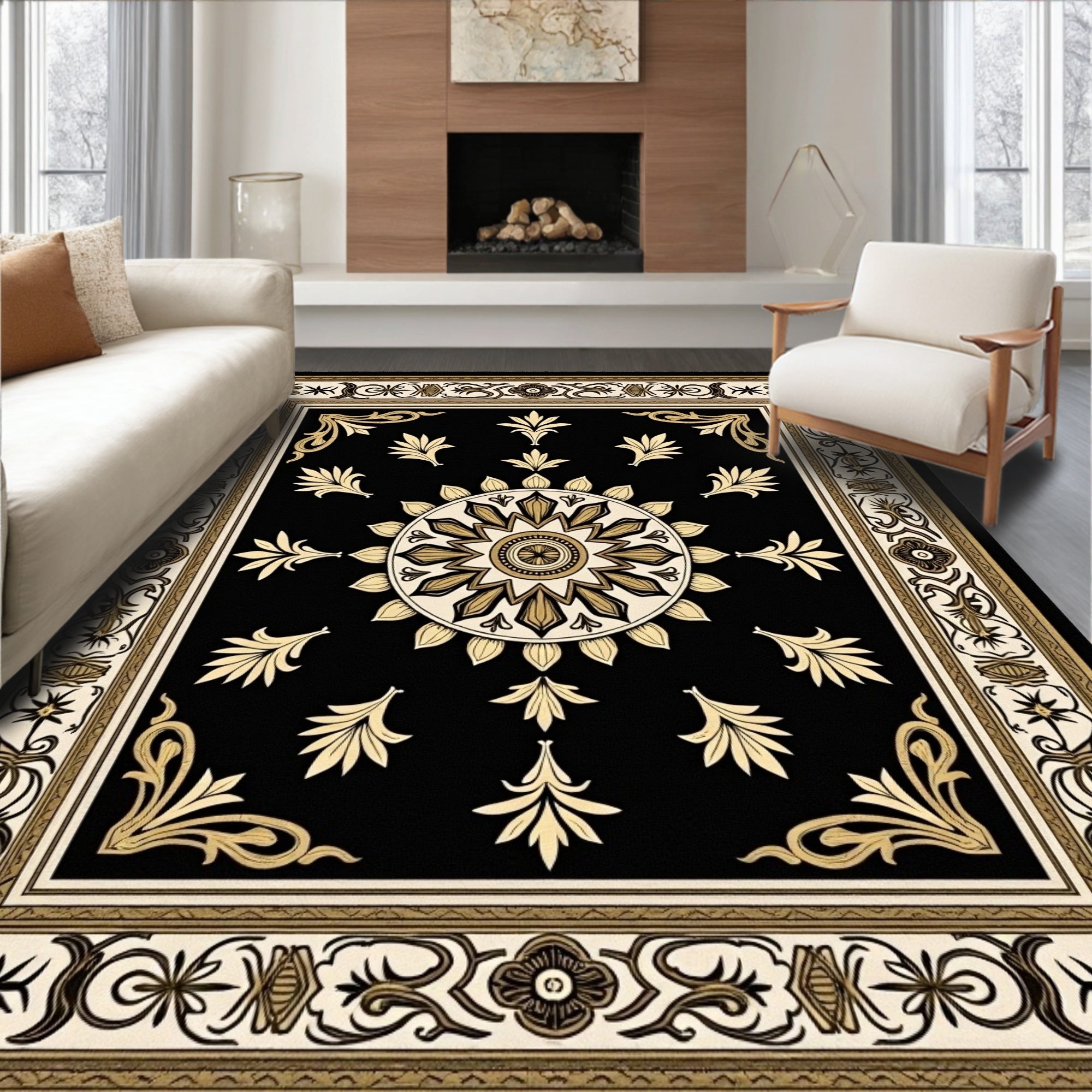 Black Gold Floral Medallion Border Rug