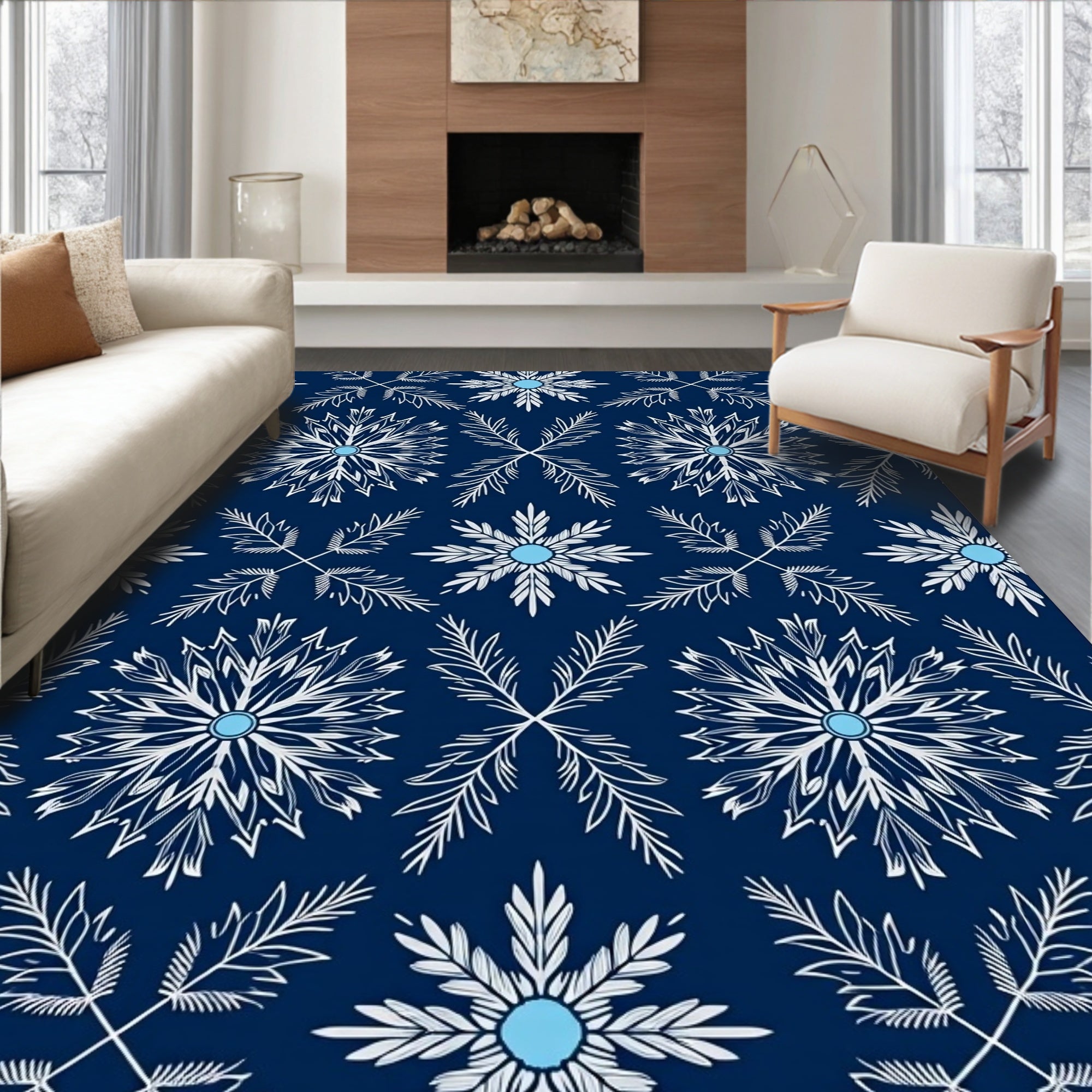 Navy Blue Snowflake Mandala Rug