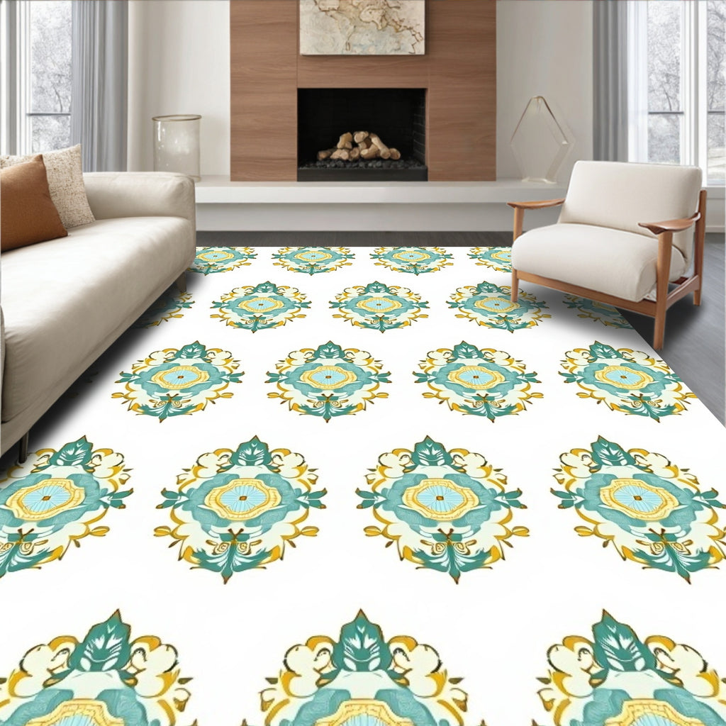 Aqua Gold Floral Crest Medallion Rug