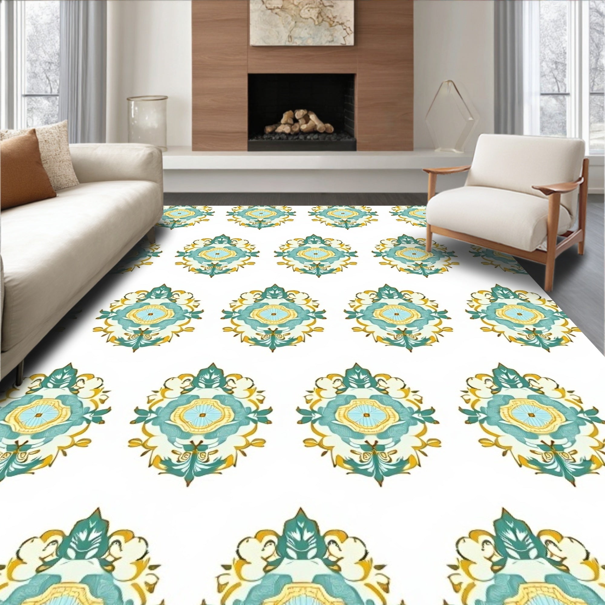 Aqua Gold Floral Crest Medallion Rug