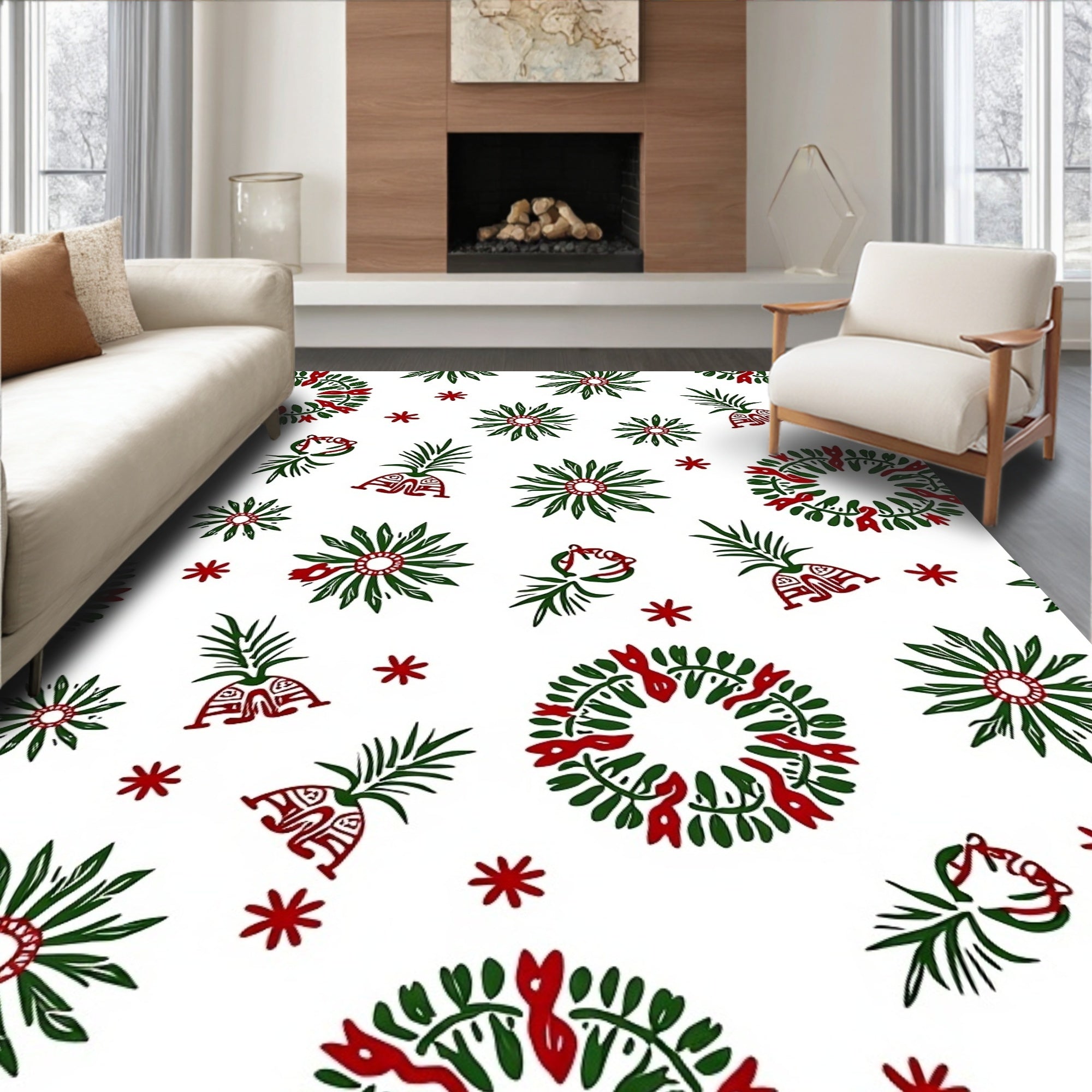 Festive Holly Wreath Red Green Folk Rug