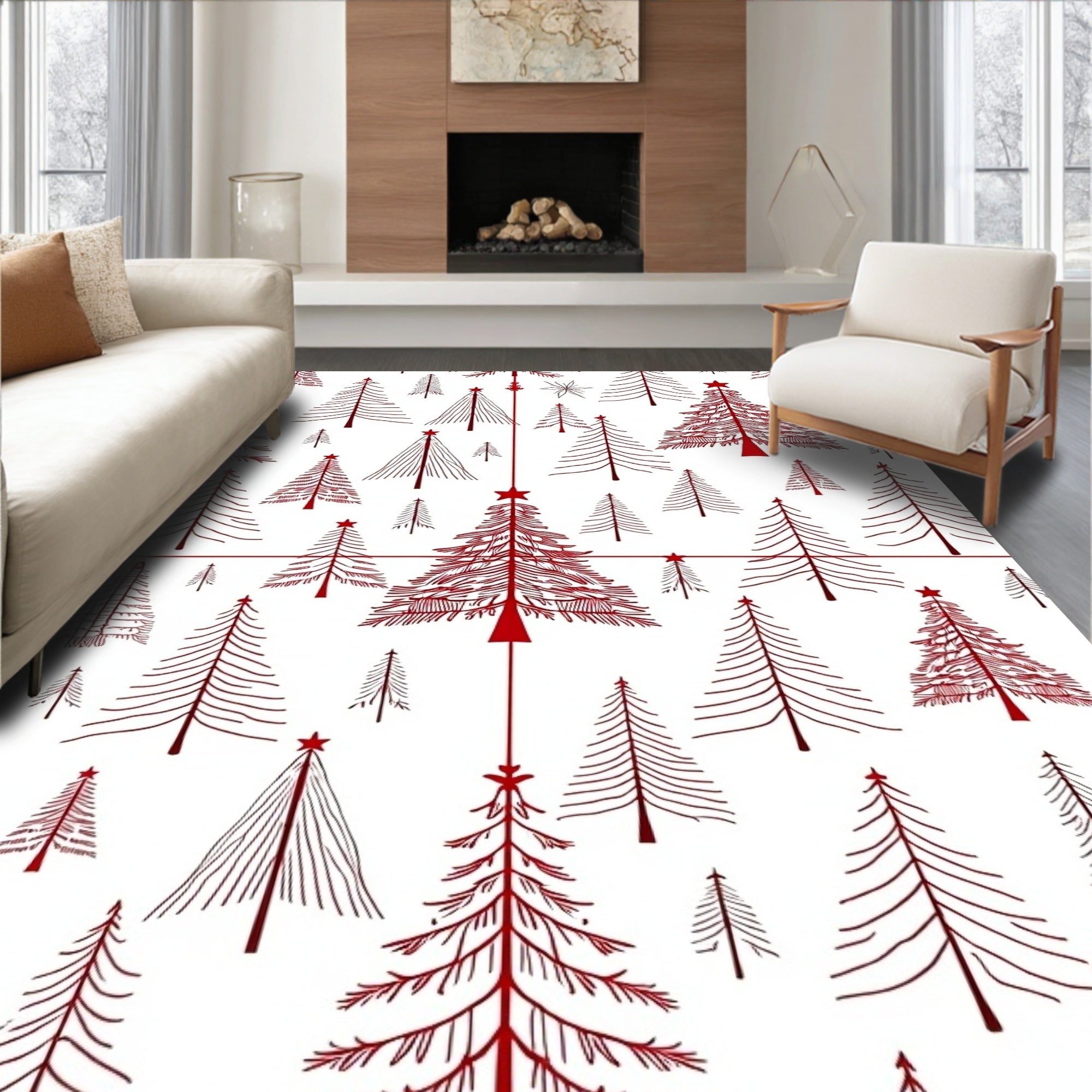 Crimson Red Abstract Christmas Trees Rug