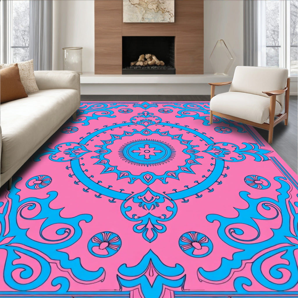 Bright Pink Sky Blue Scroll Medallion Rug