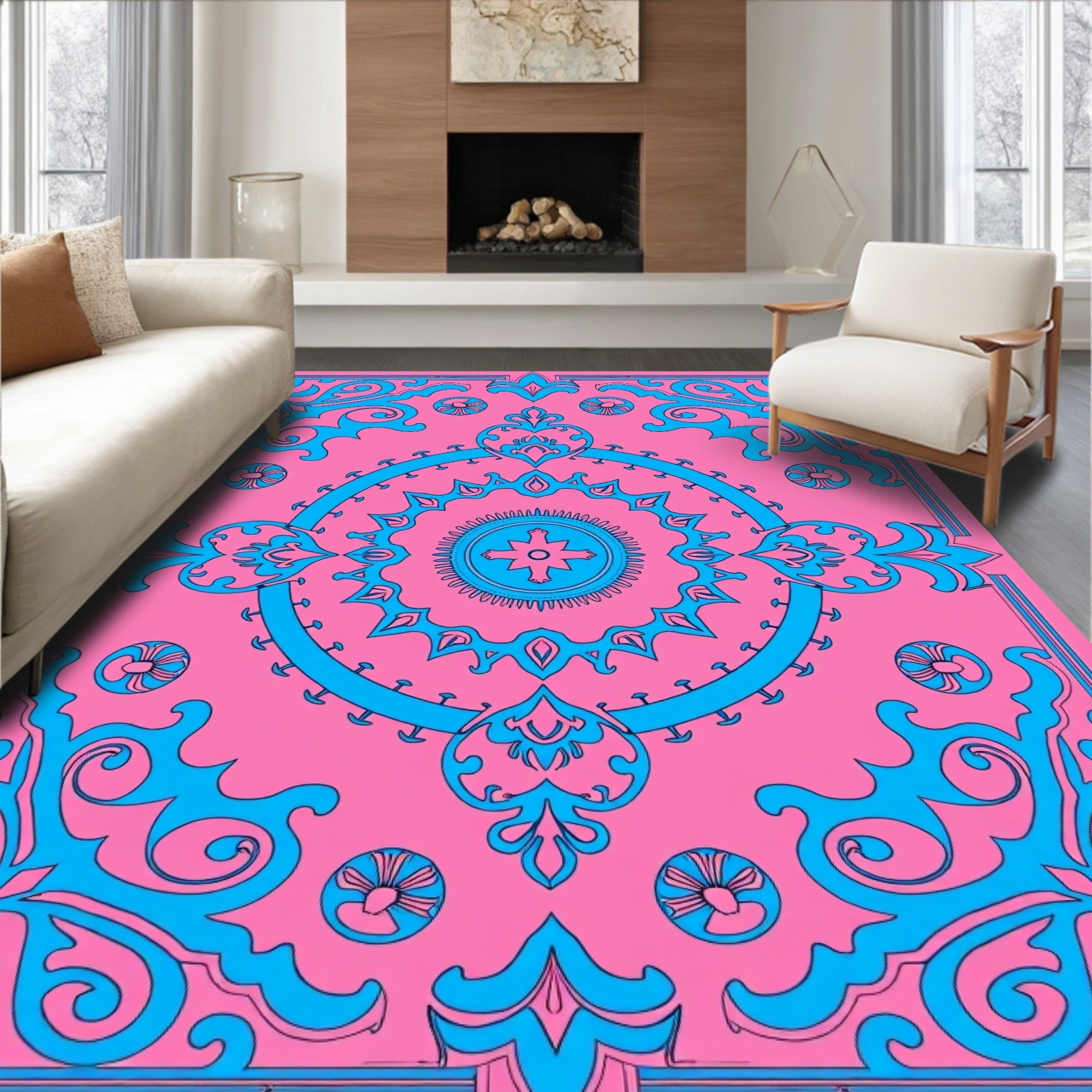 Bright Pink Sky Blue Scroll Medallion Rug