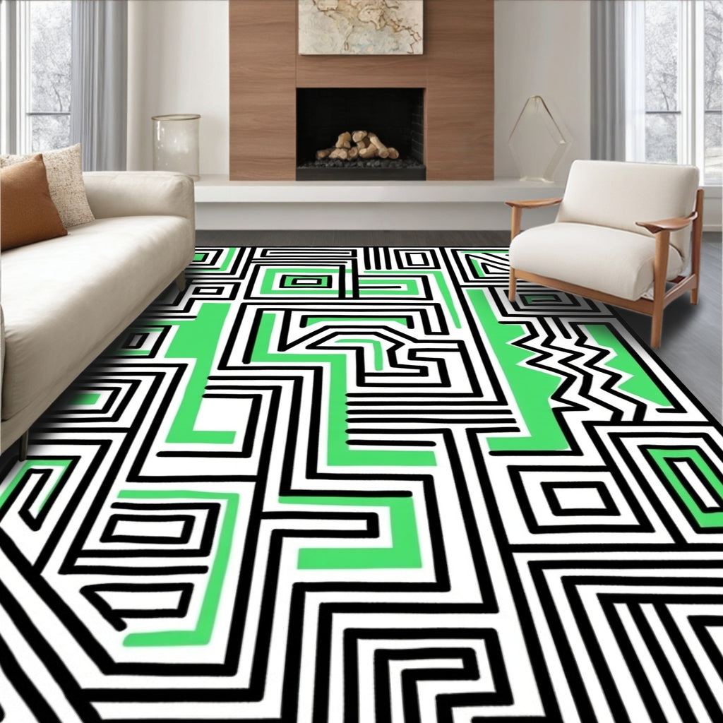 Abstract Maze Green Black Square Rug