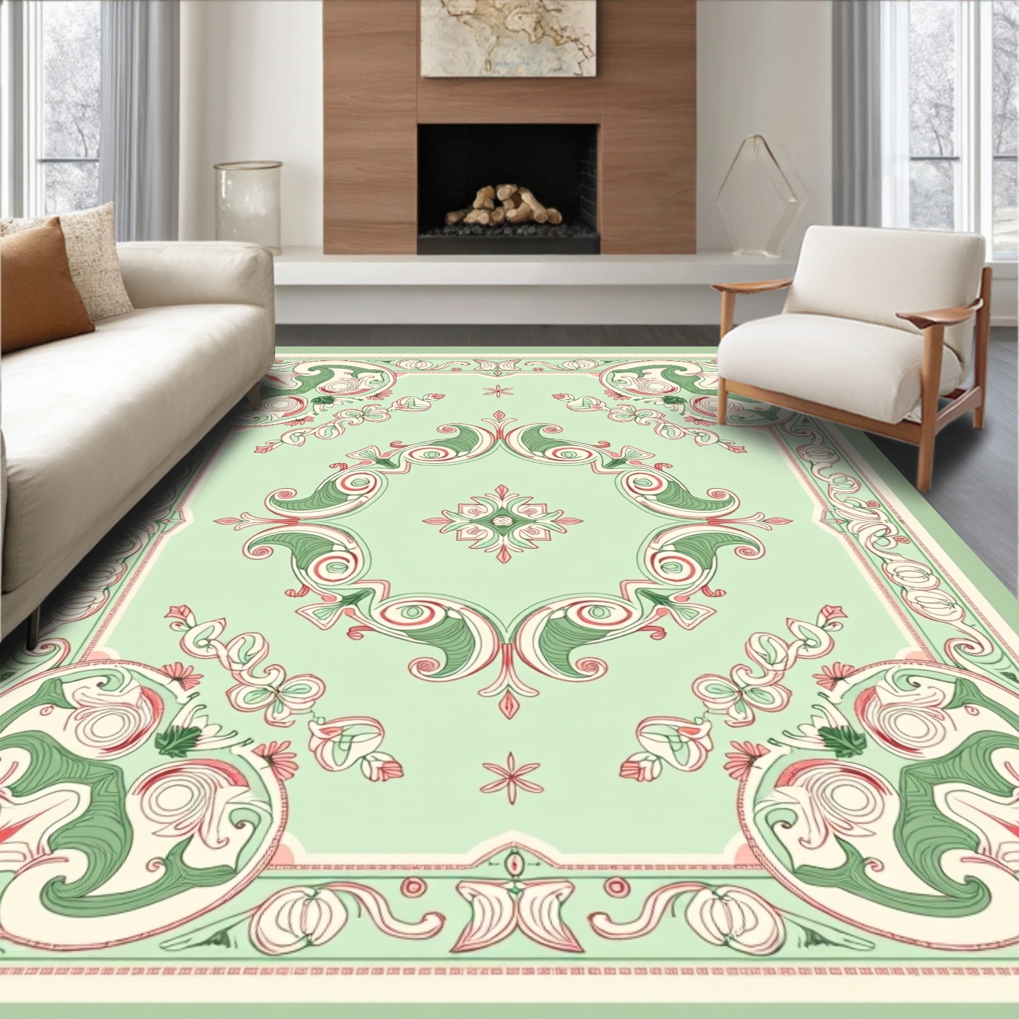Vintage Green Coral Swirl Scroll Rug
