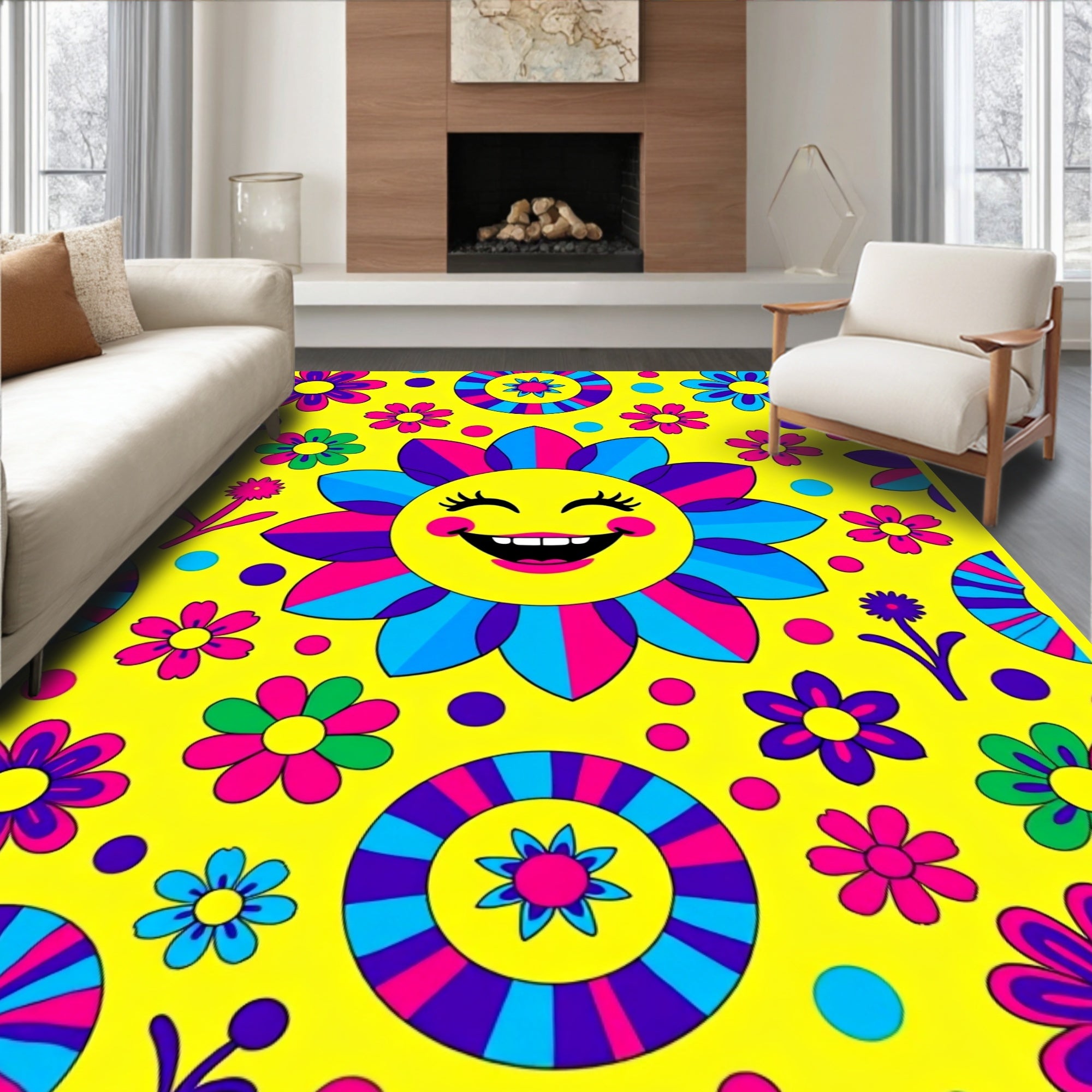 Groovy Yellow Flower Face Sun Rug