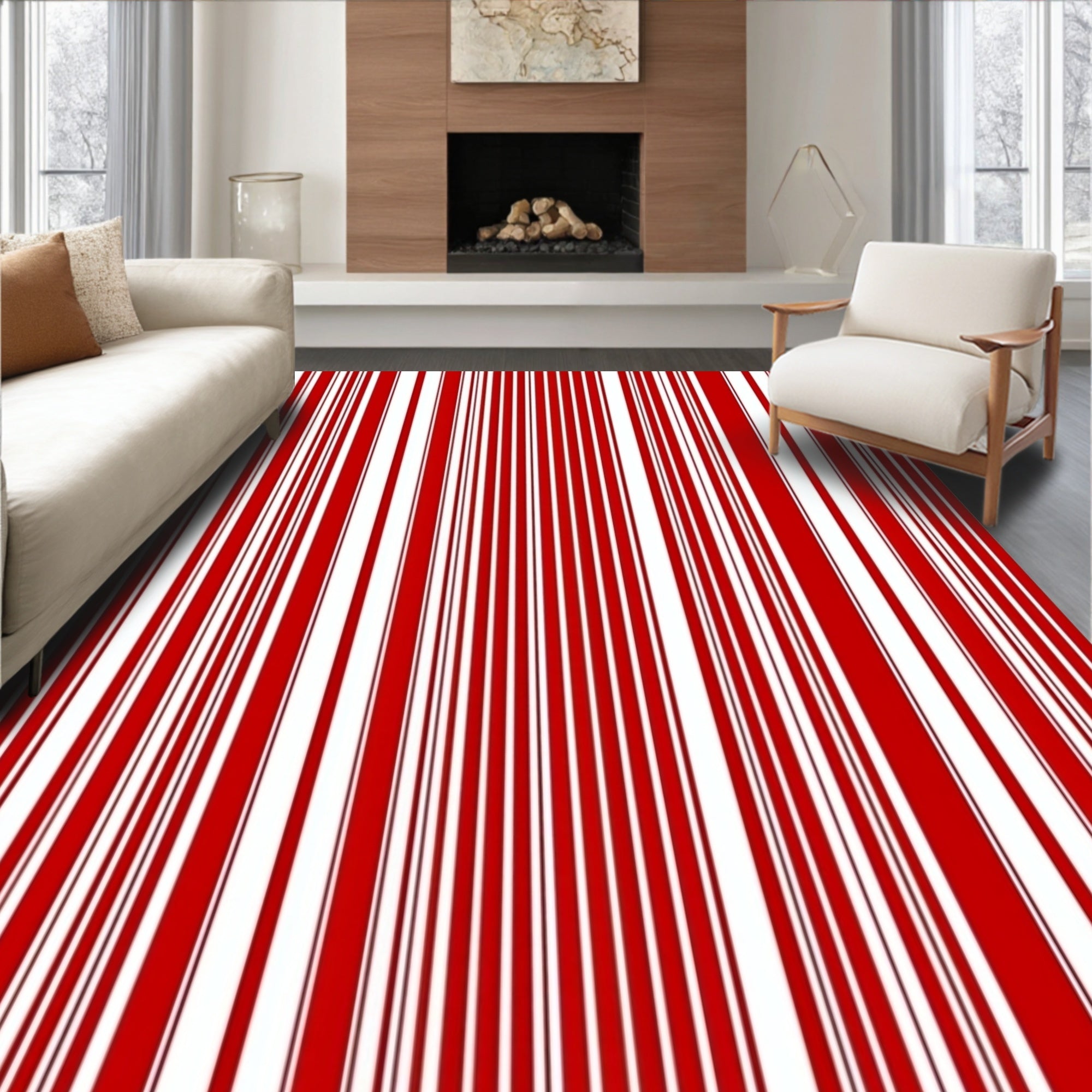 Bold Crimson White Vertical Stripes Rug