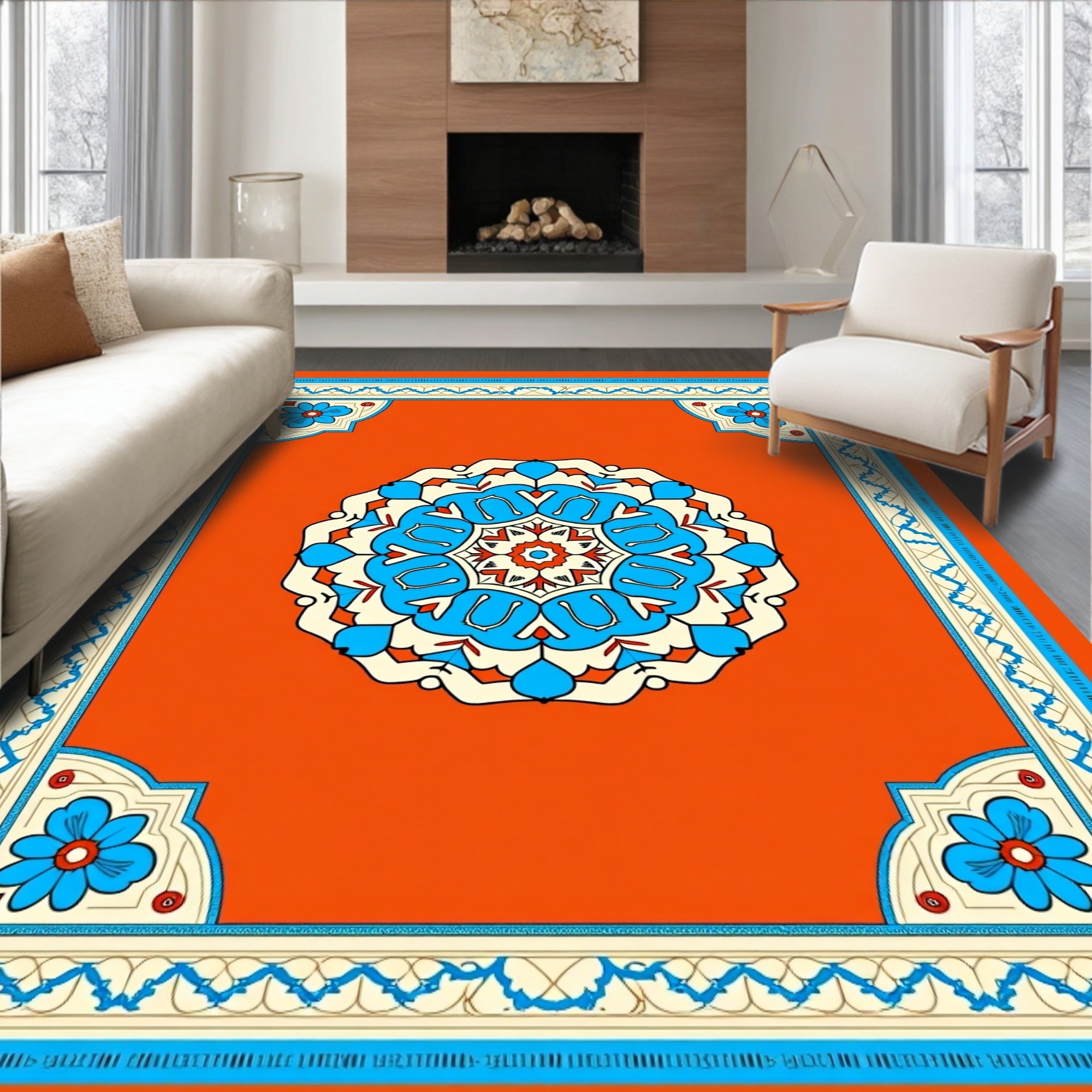 Vibrant Orange Floral Mandala Rug