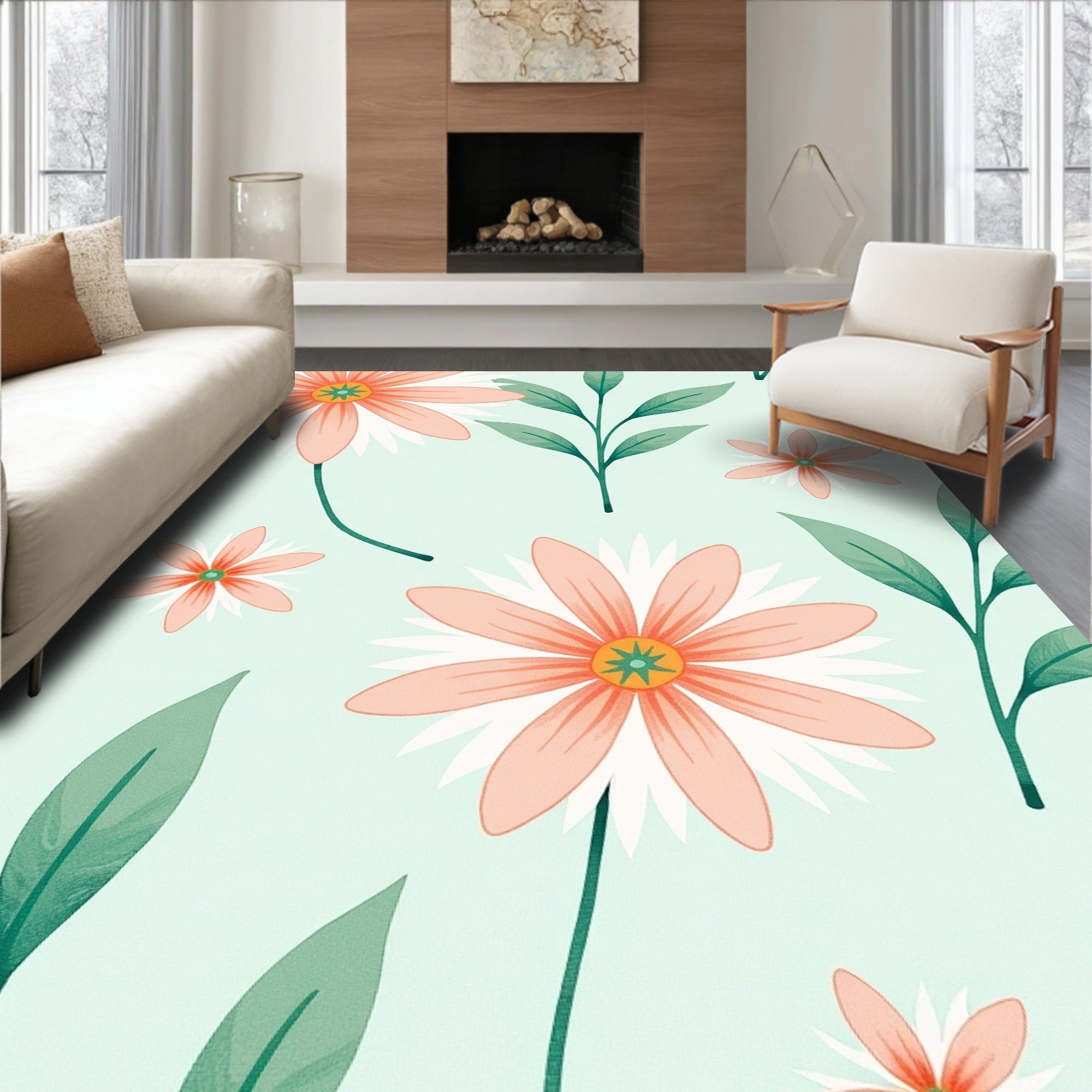 Coral Daisy Garden Floral Rug