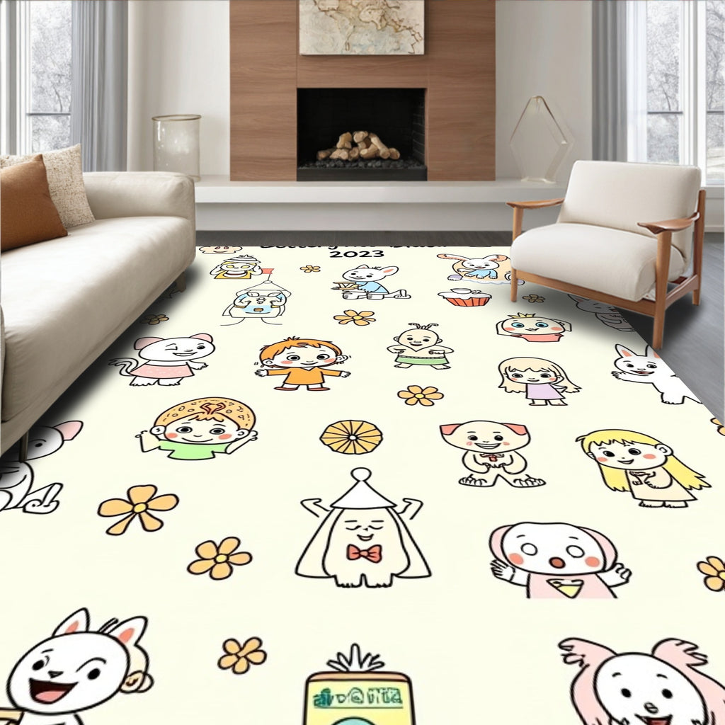 Playful Characters Yellow Floral Scatter Rug