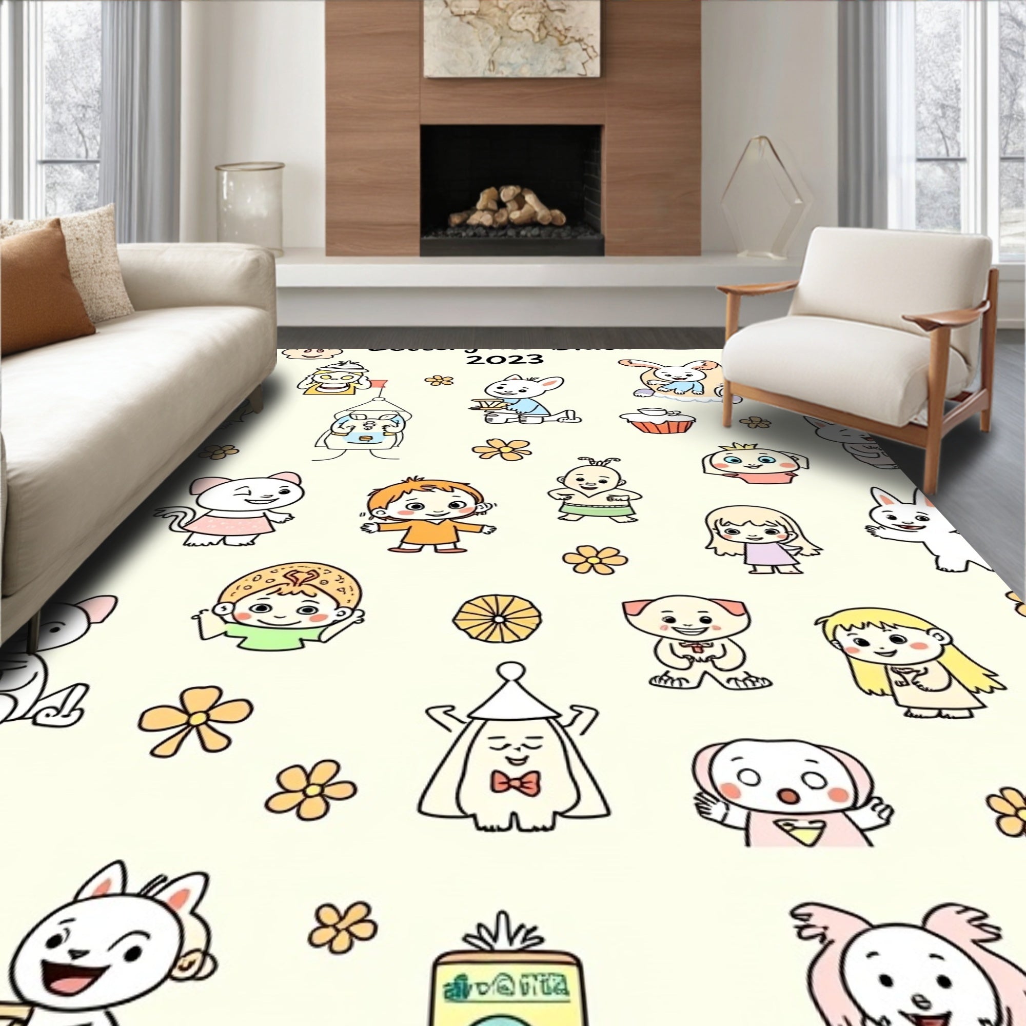 Playful Characters Yellow Floral Scatter Rug