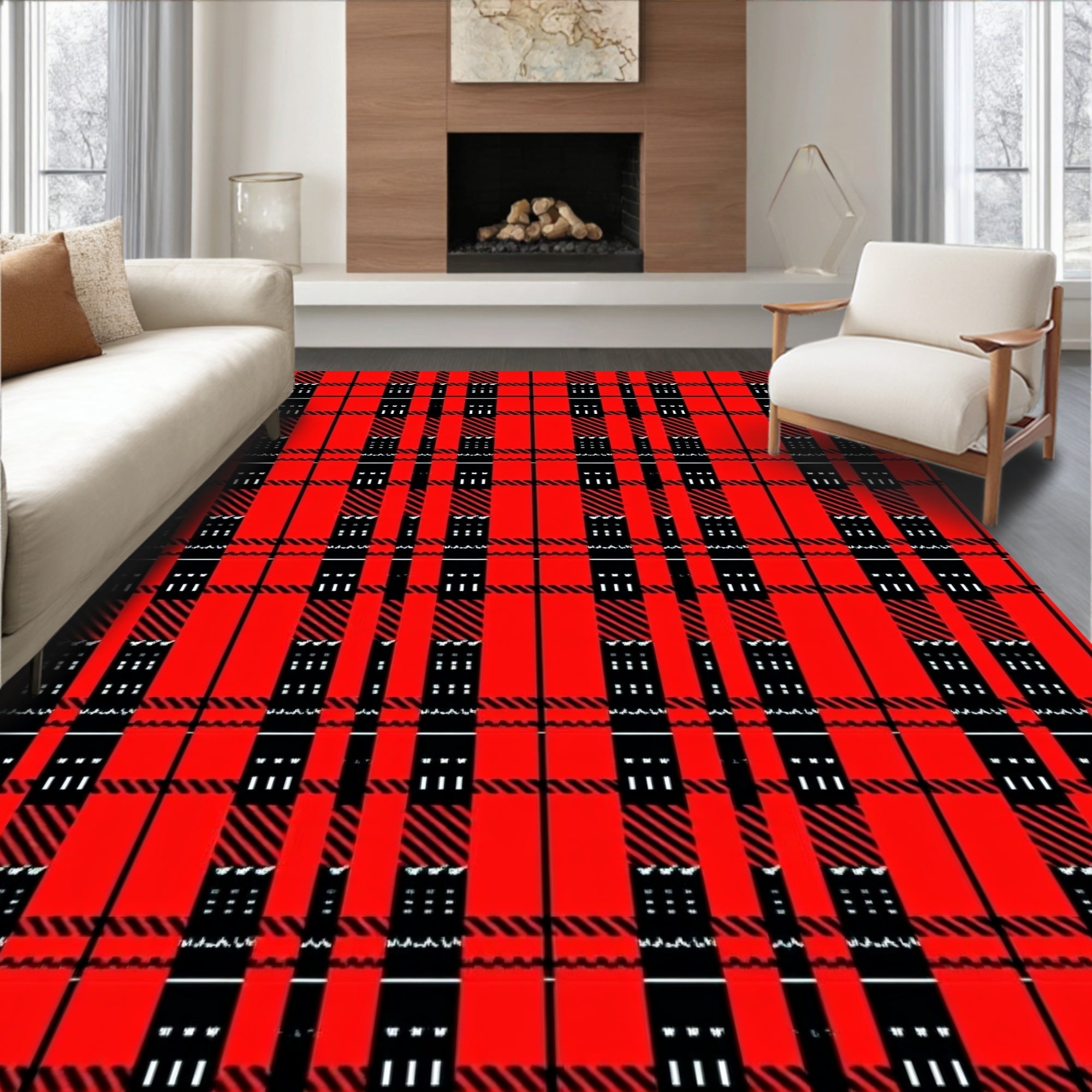 Bold Red Black Plaid Lines Rug
