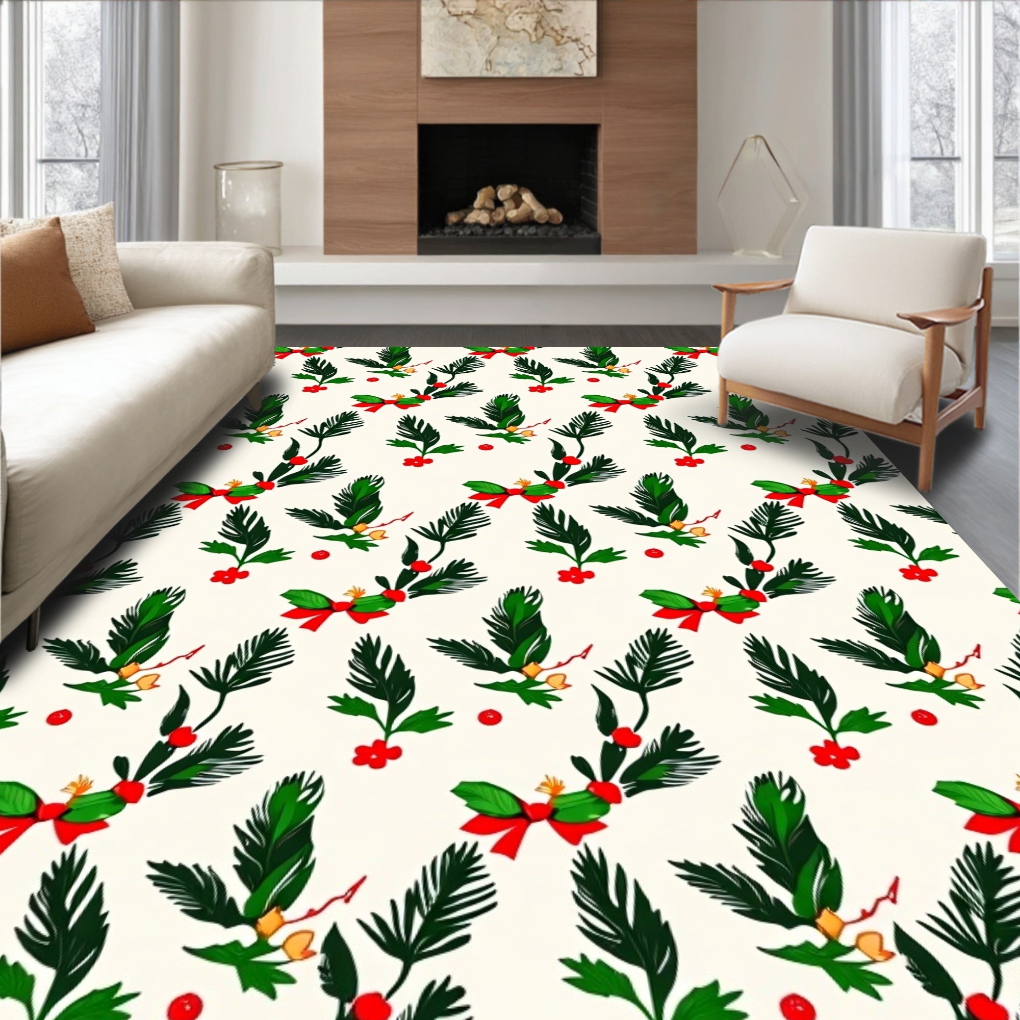 Festive Pine Holly Berry Bow Rug