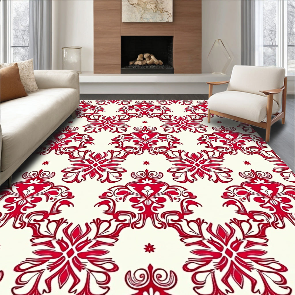 Crimson Floral Damask Cream Rug