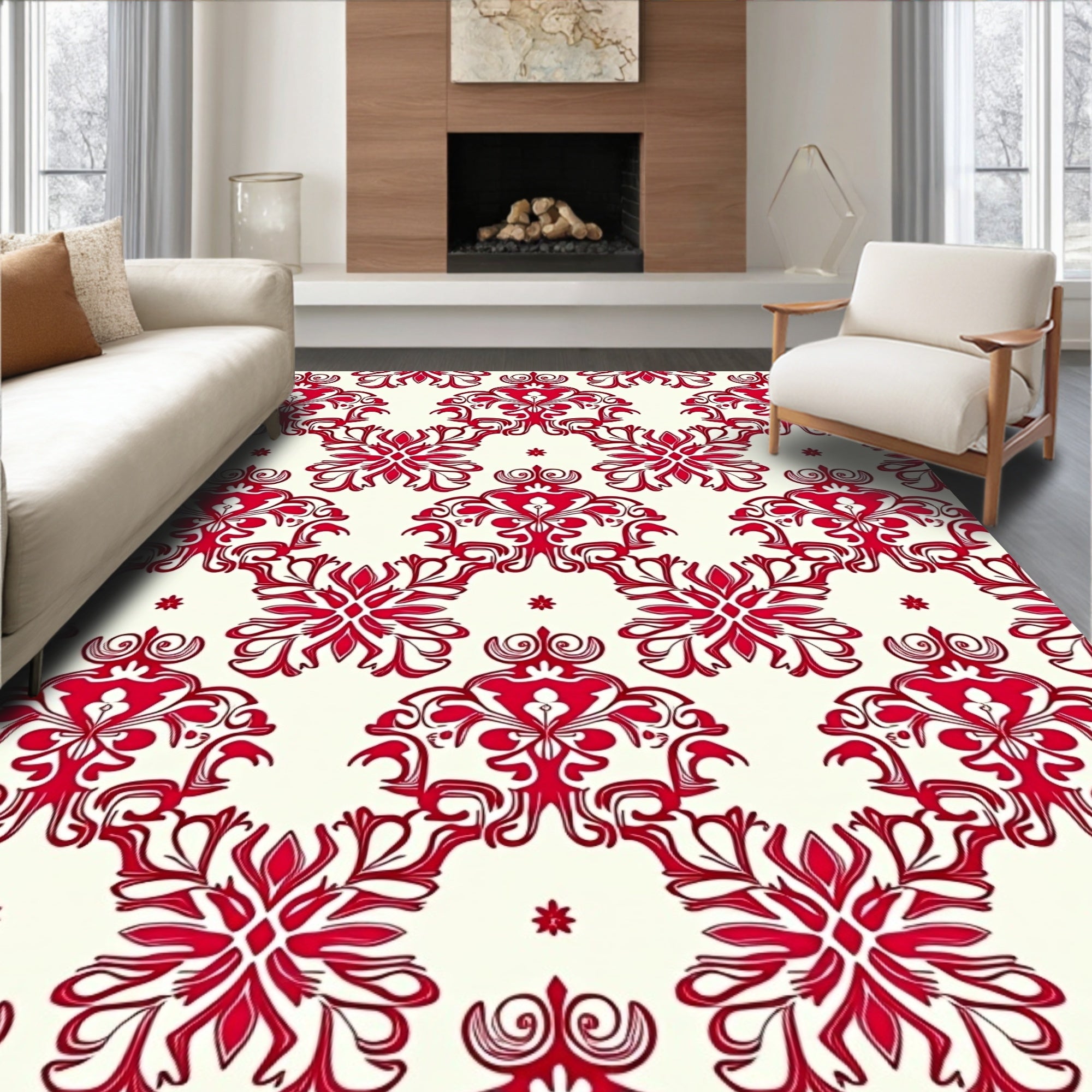 Crimson Floral Damask Cream Rug