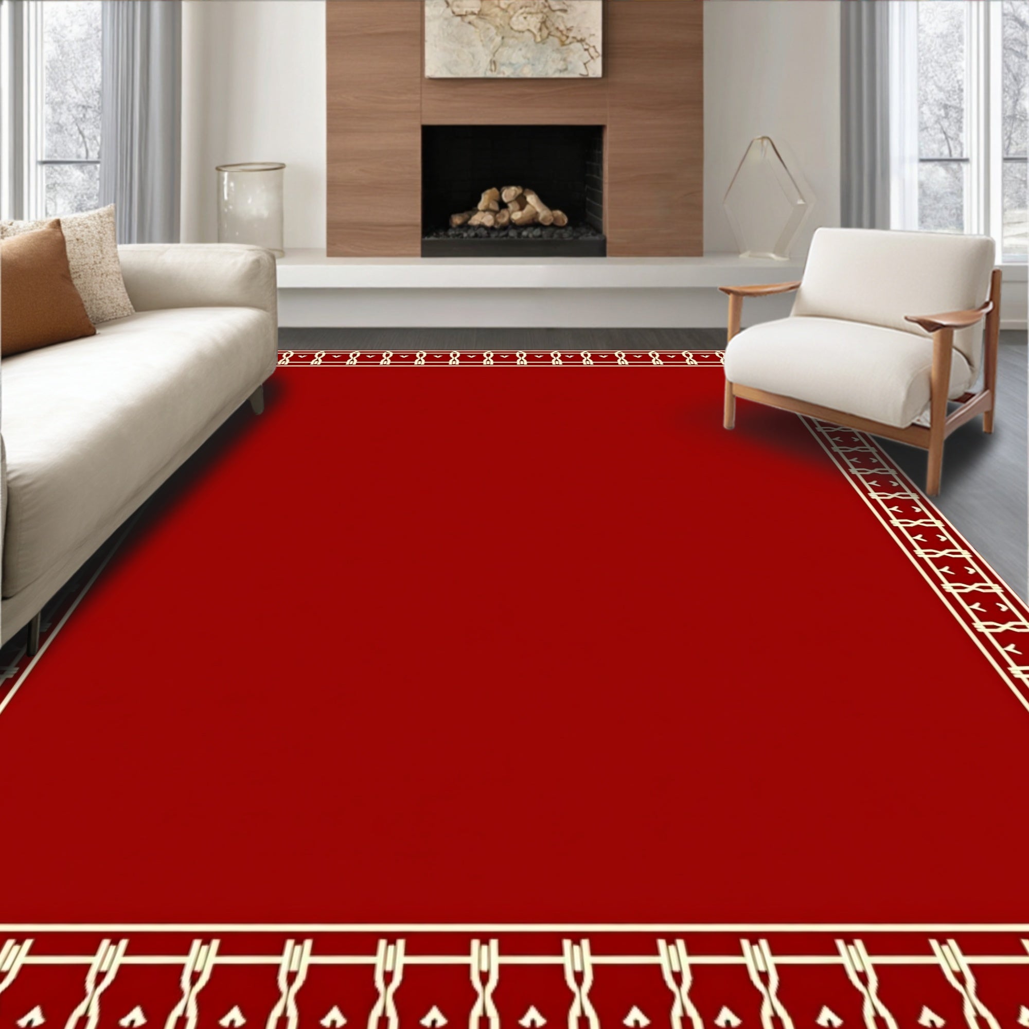 Deep Red Contemporary Geometric Border Rug