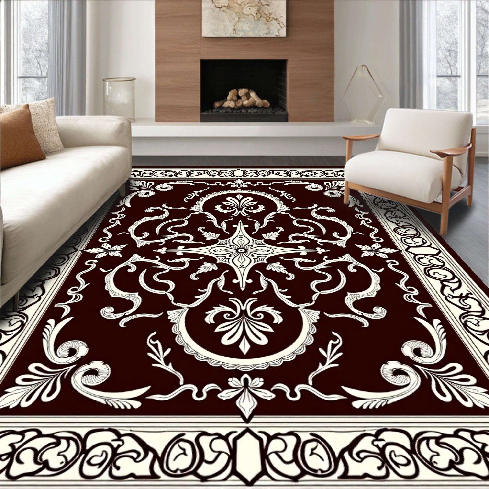 Deep Maroon Swirling Floral Medallion Rug