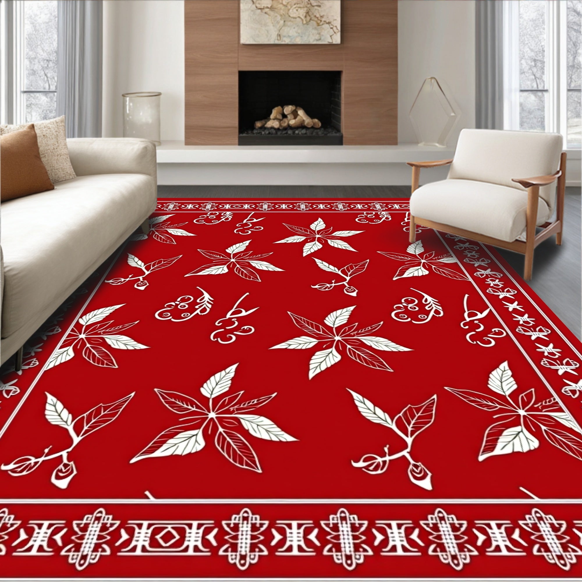Bold Red Poinsettia Floral Border Rug