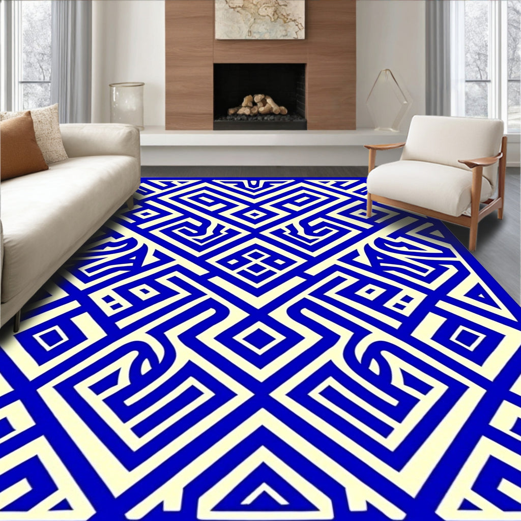Bold Blue Maze Geometric Rug