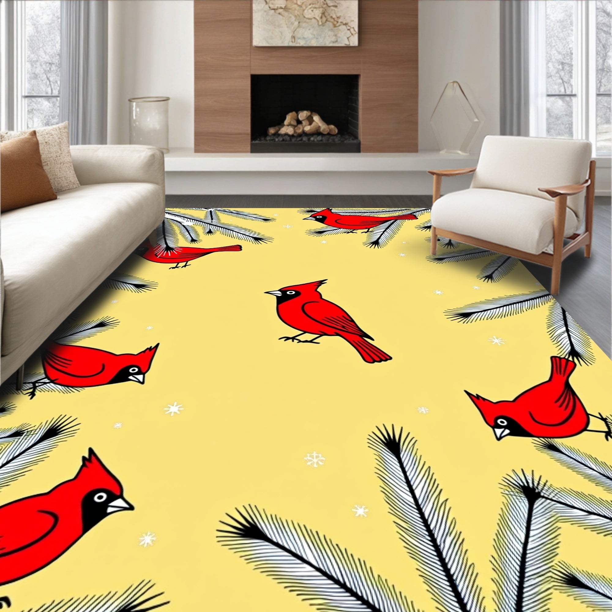 Red Cardinals and Evergreen Branches Rug