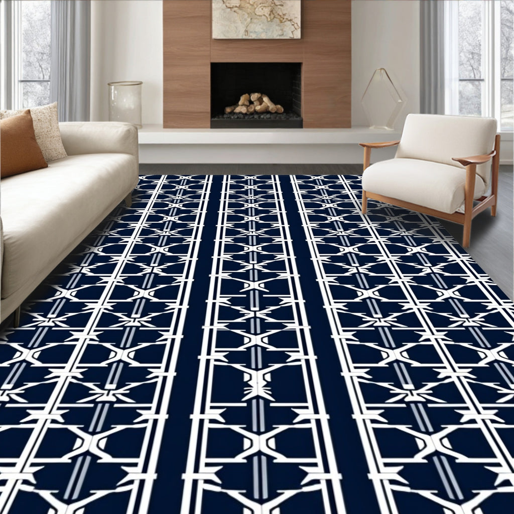 Navy White Geometric Lattice Rug
