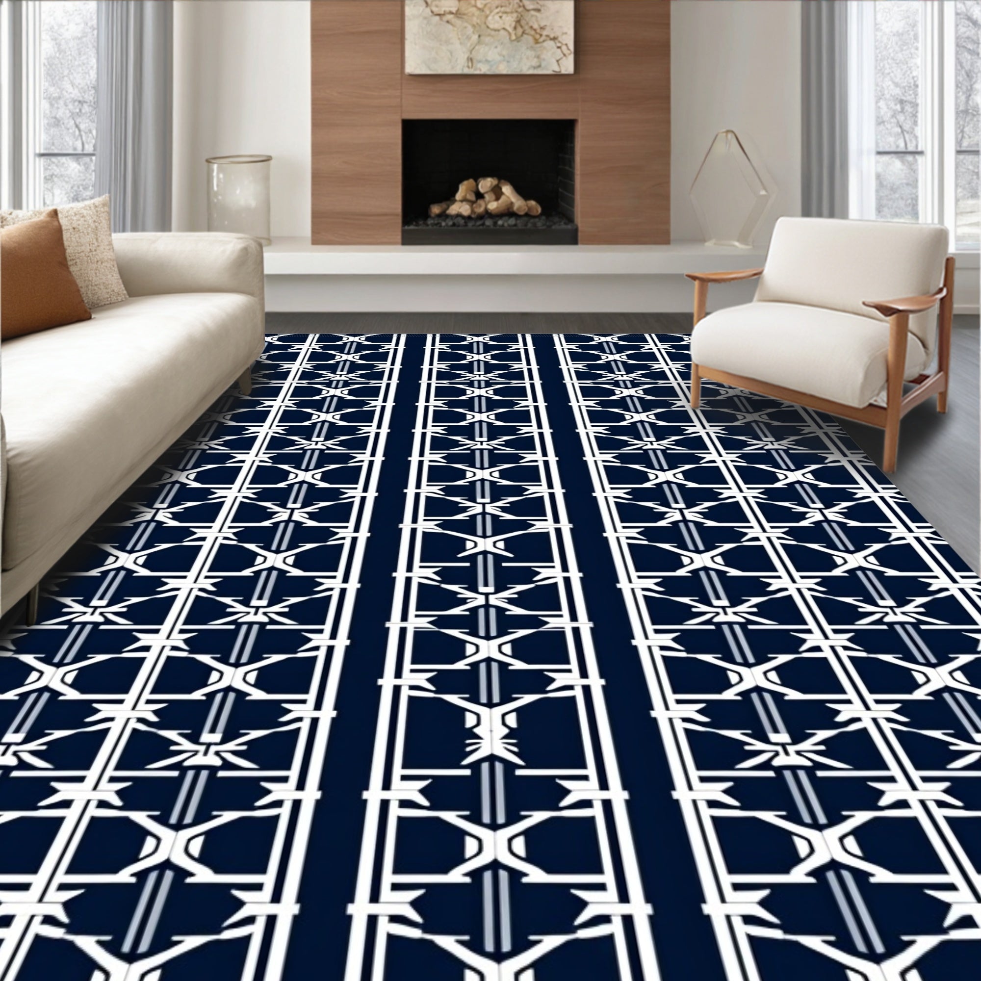 Navy White Geometric Lattice Rug