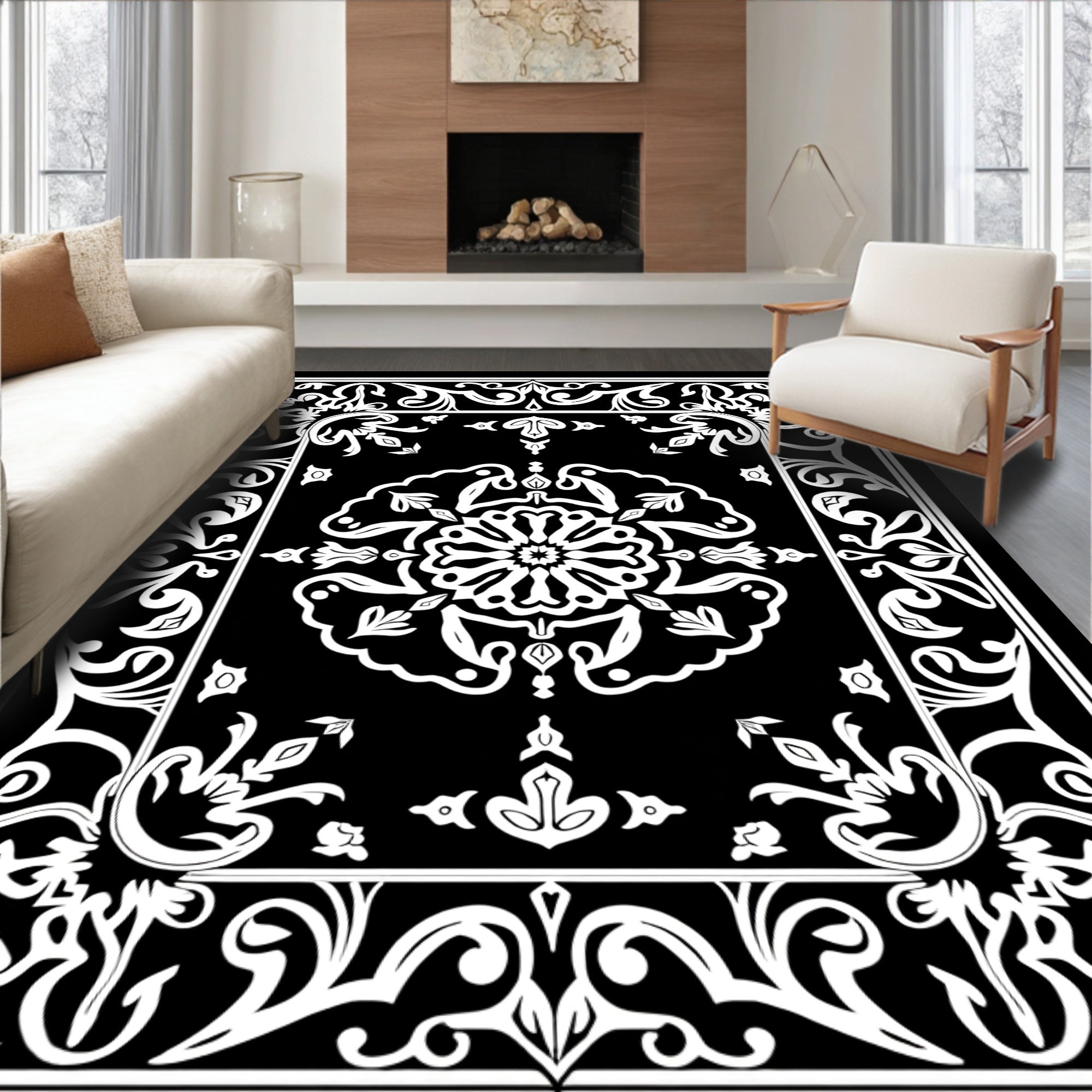 Classic Black White Floral Mandala Rug