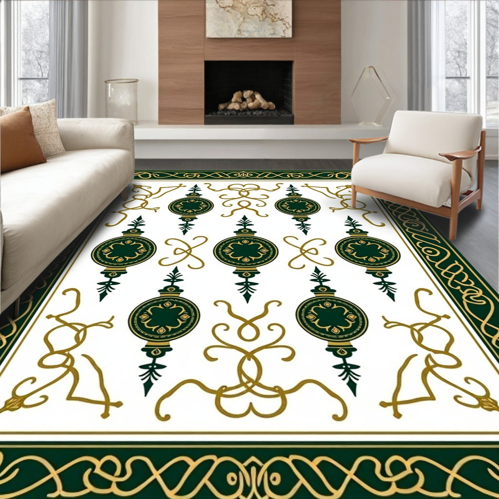 Elegant Dark Green Gold Orb Motif Rug