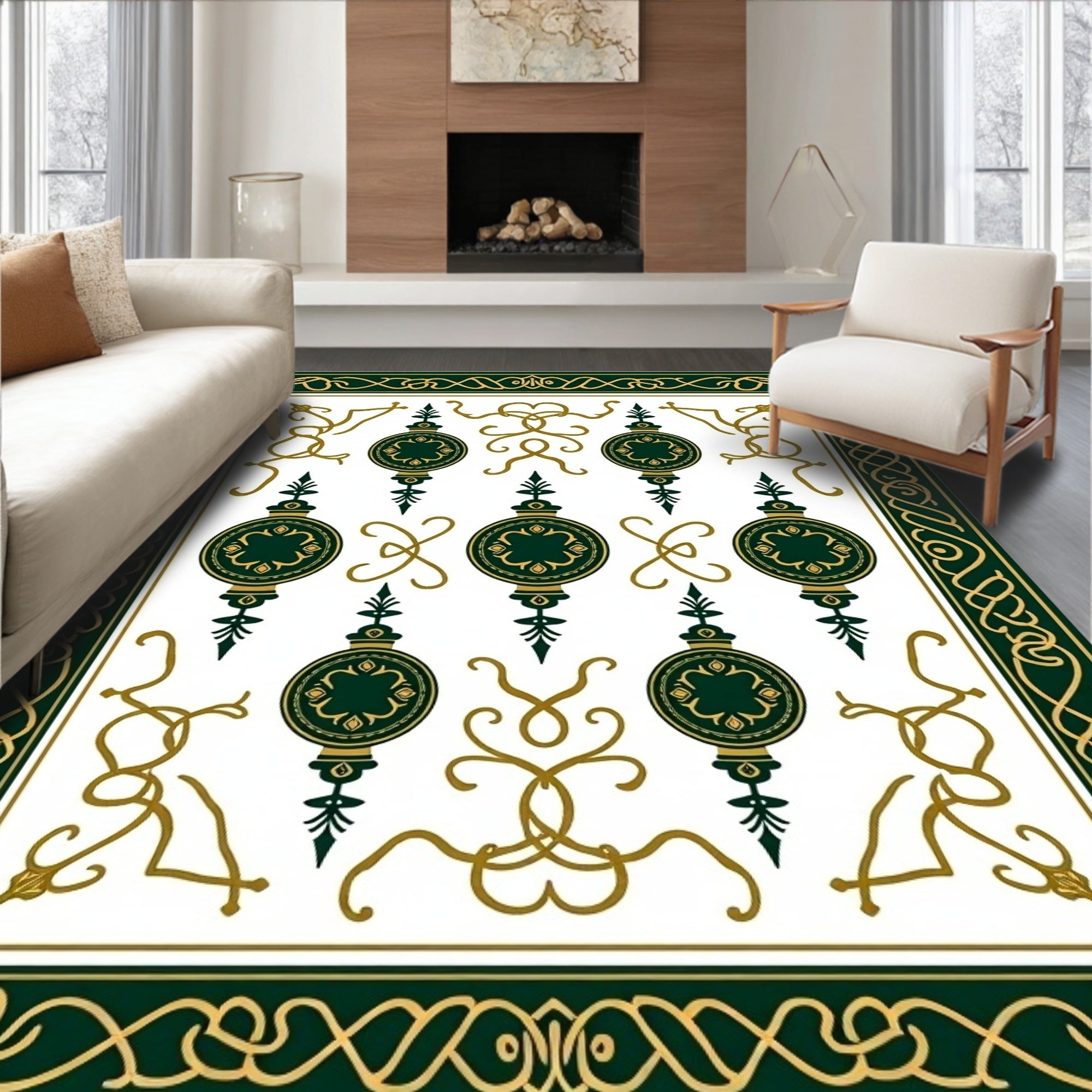 Elegant Dark Green Gold Orb Motif Rug