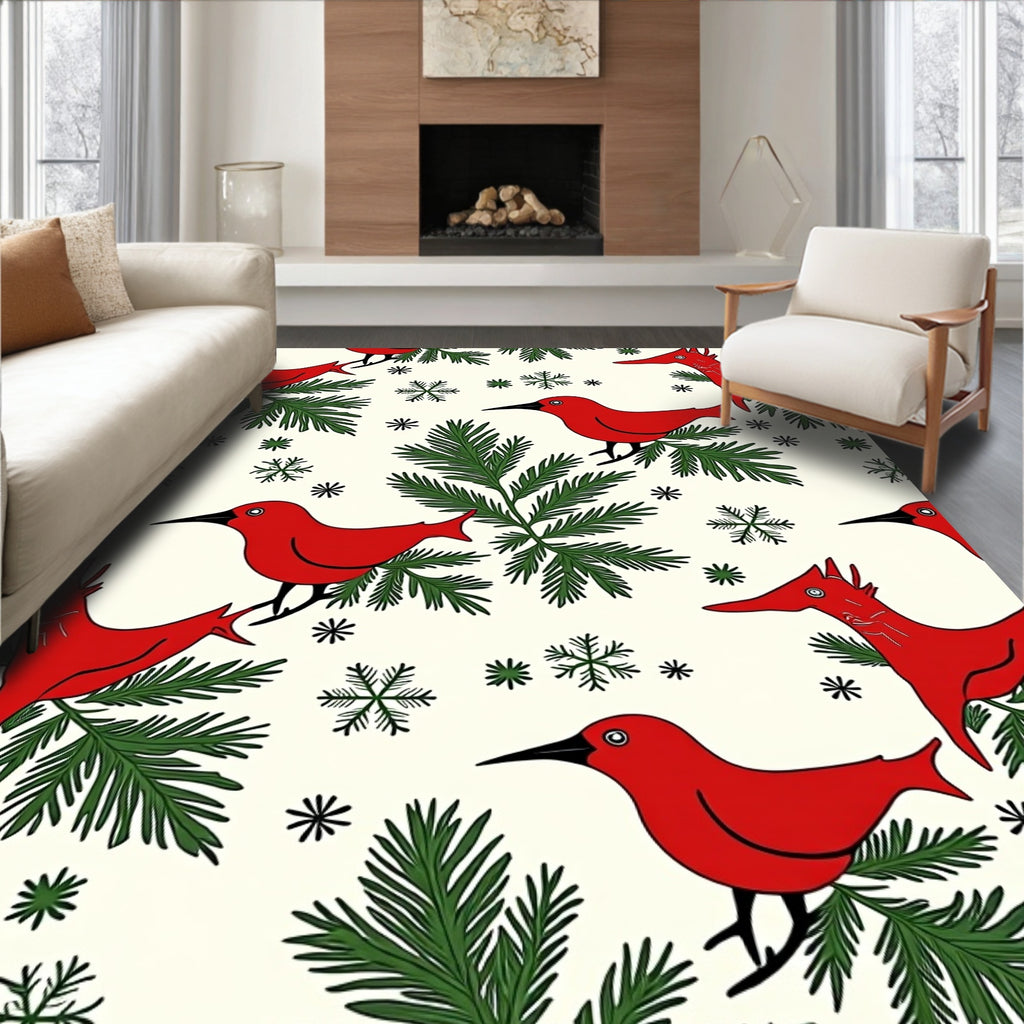 Crimson Birds Evergreen Snowflakes Rug