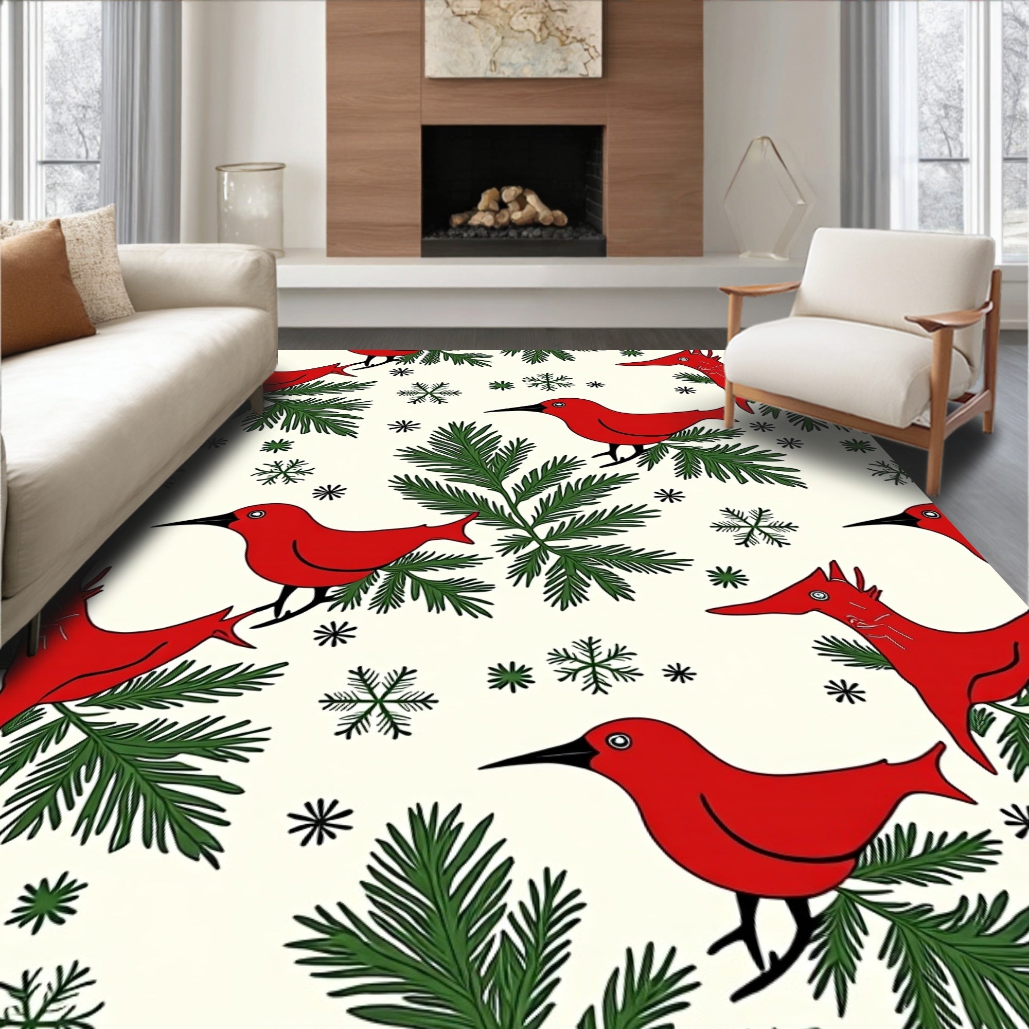 Crimson Birds Evergreen Snowflakes Rug