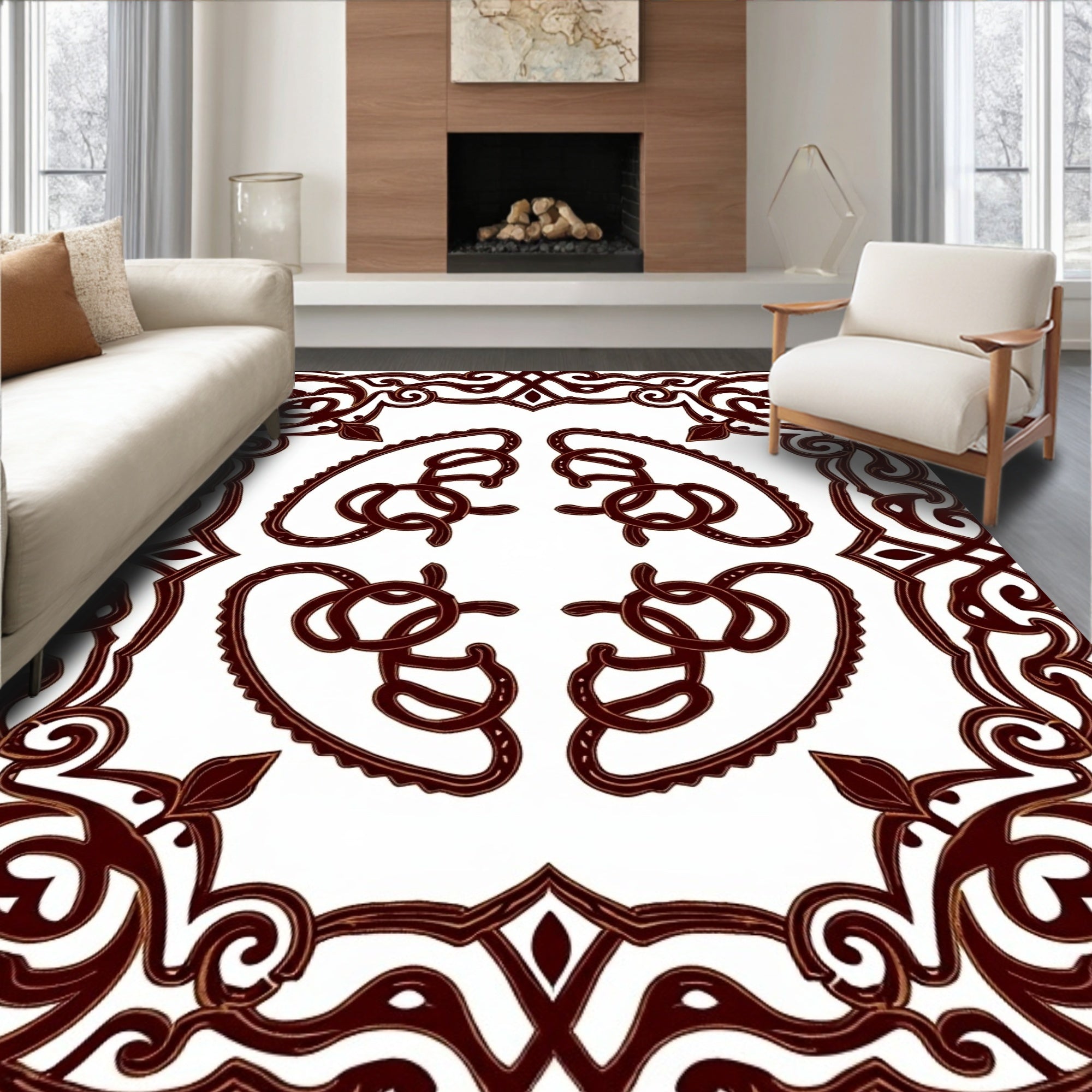 Ornate Maroon Scrollwork Interior Motif Rug