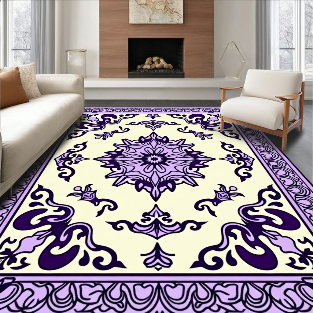 Lilac Floral Medallion Cream Border Rug